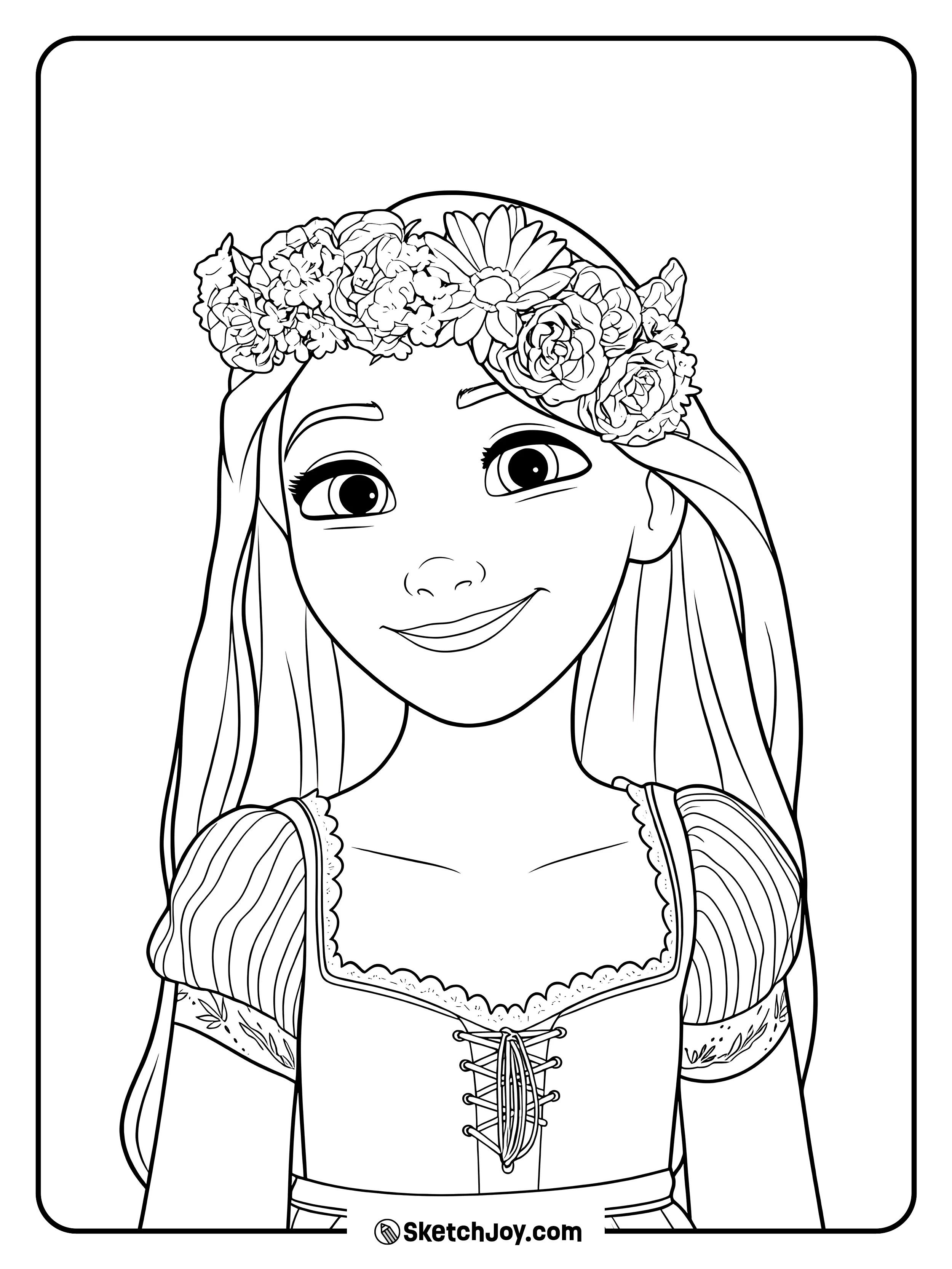 Rapunzel smiles softly while wearing a full crown of flowers.