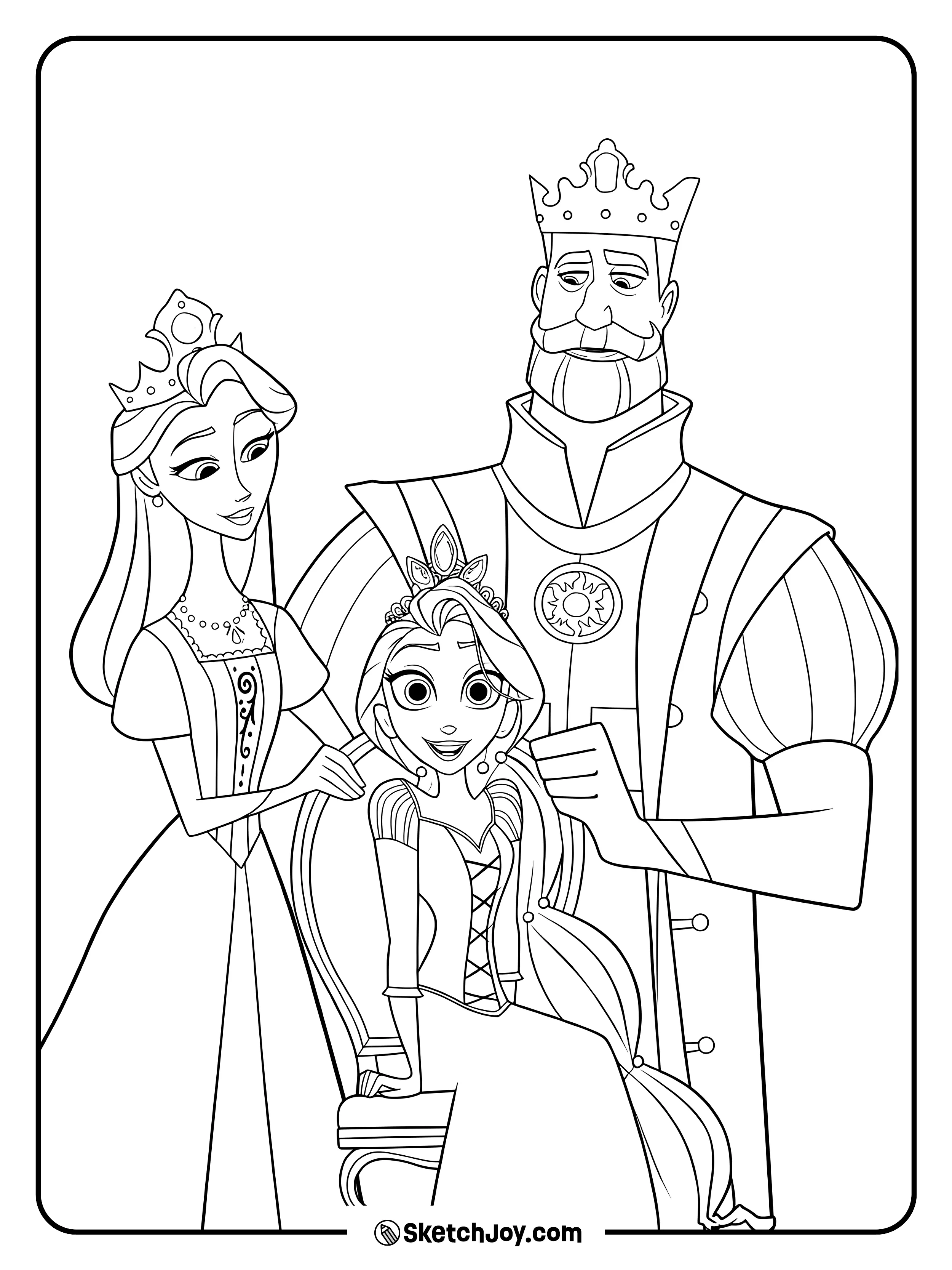 Rapunzel sits with the king and queen in a warm royal family moment.