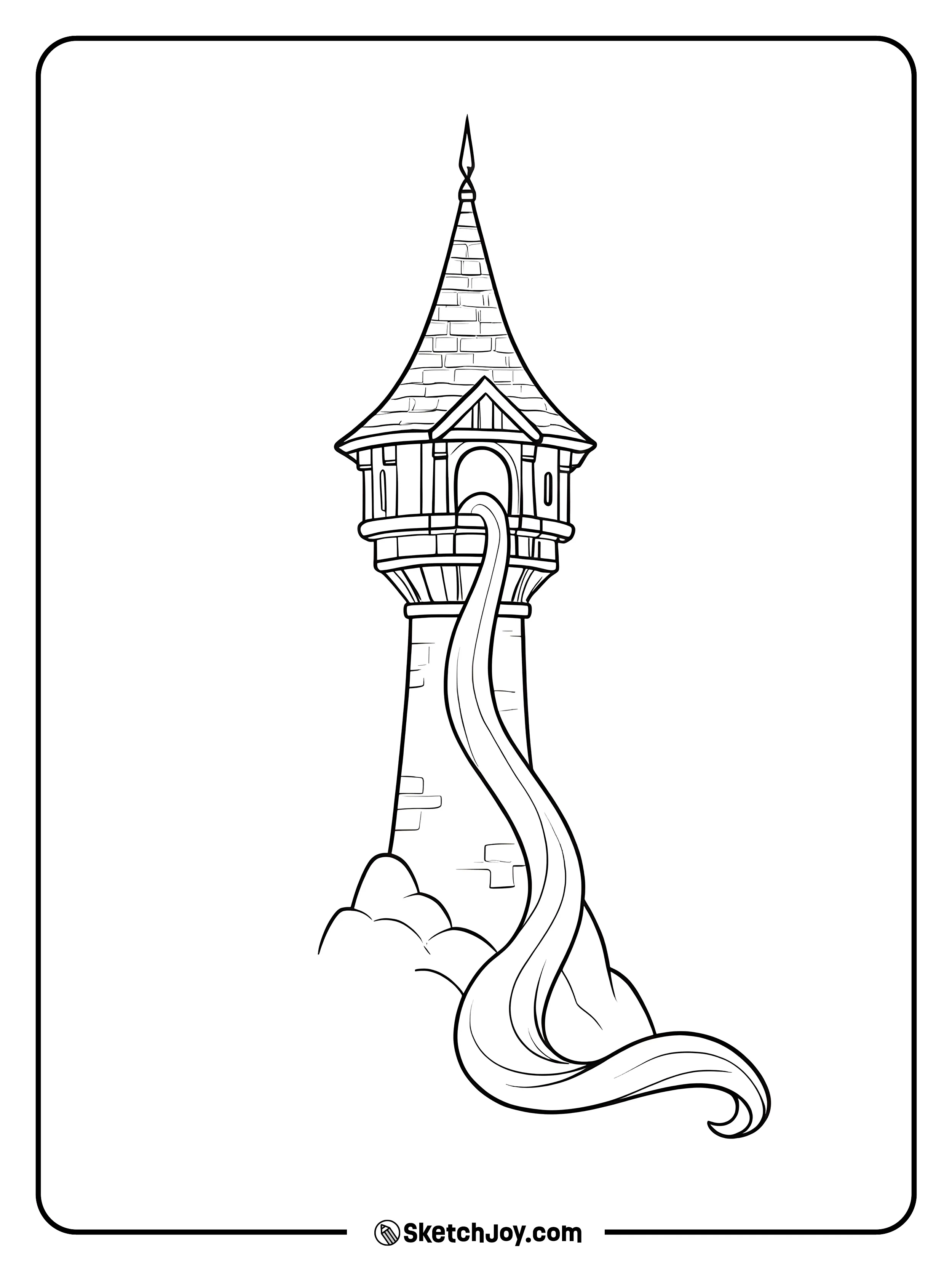 Rapunzel’s long hair falls from the tower window in a simple tall scene.