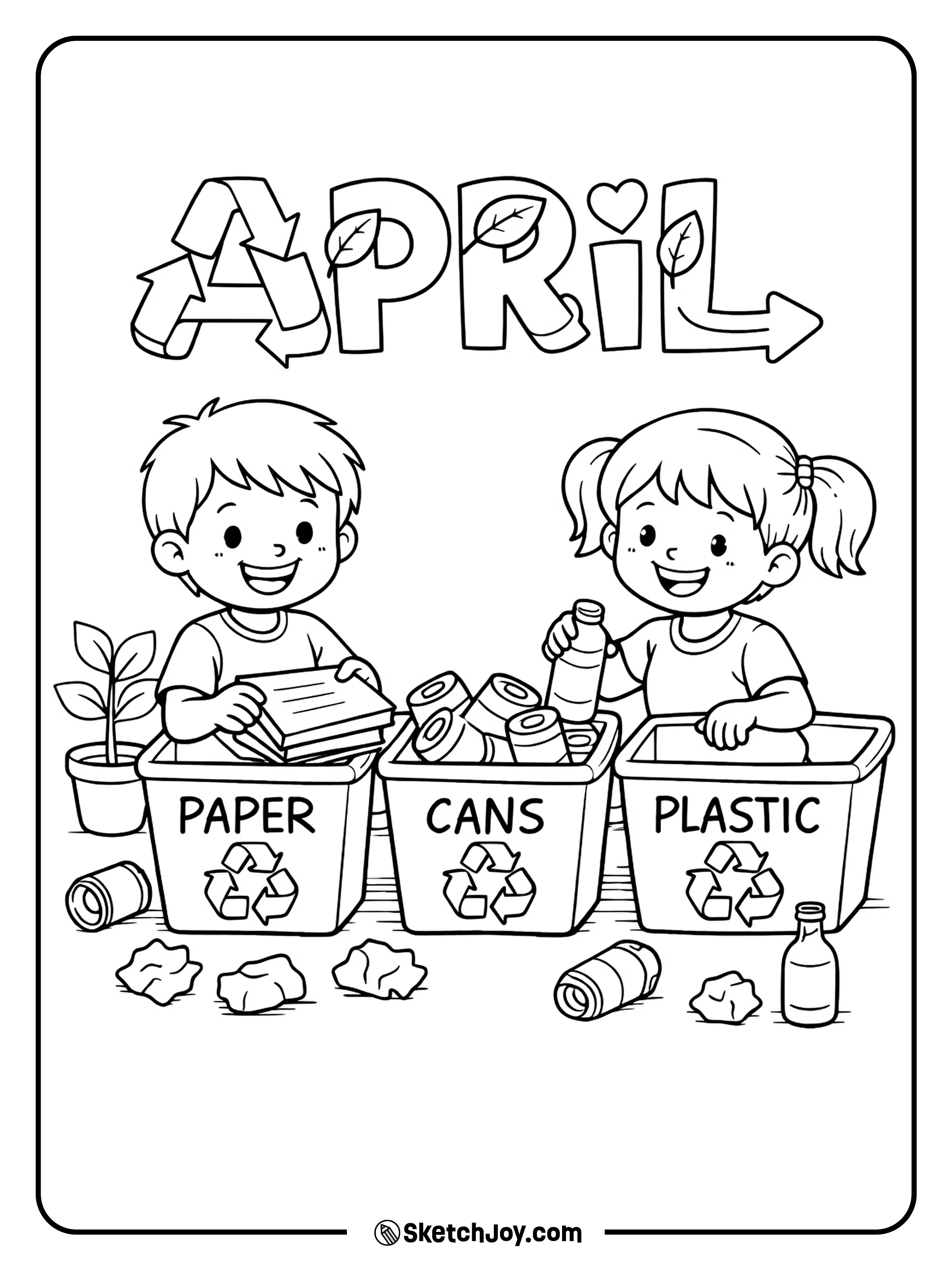 Two kids sort bottles and paper into recycle bins for Earth Day.