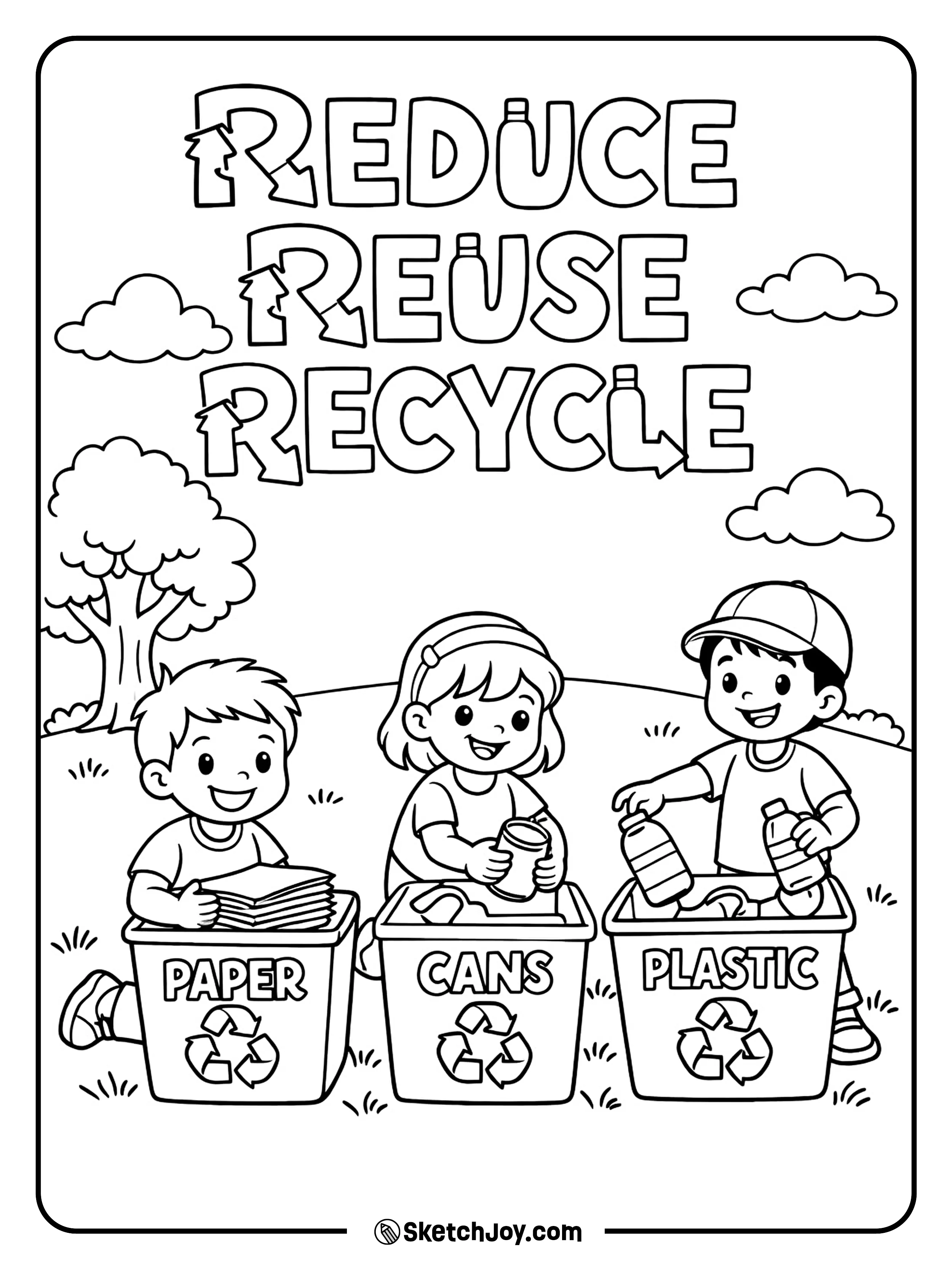 A group of kids sorts paper, cans, and bottles into recycling bins.