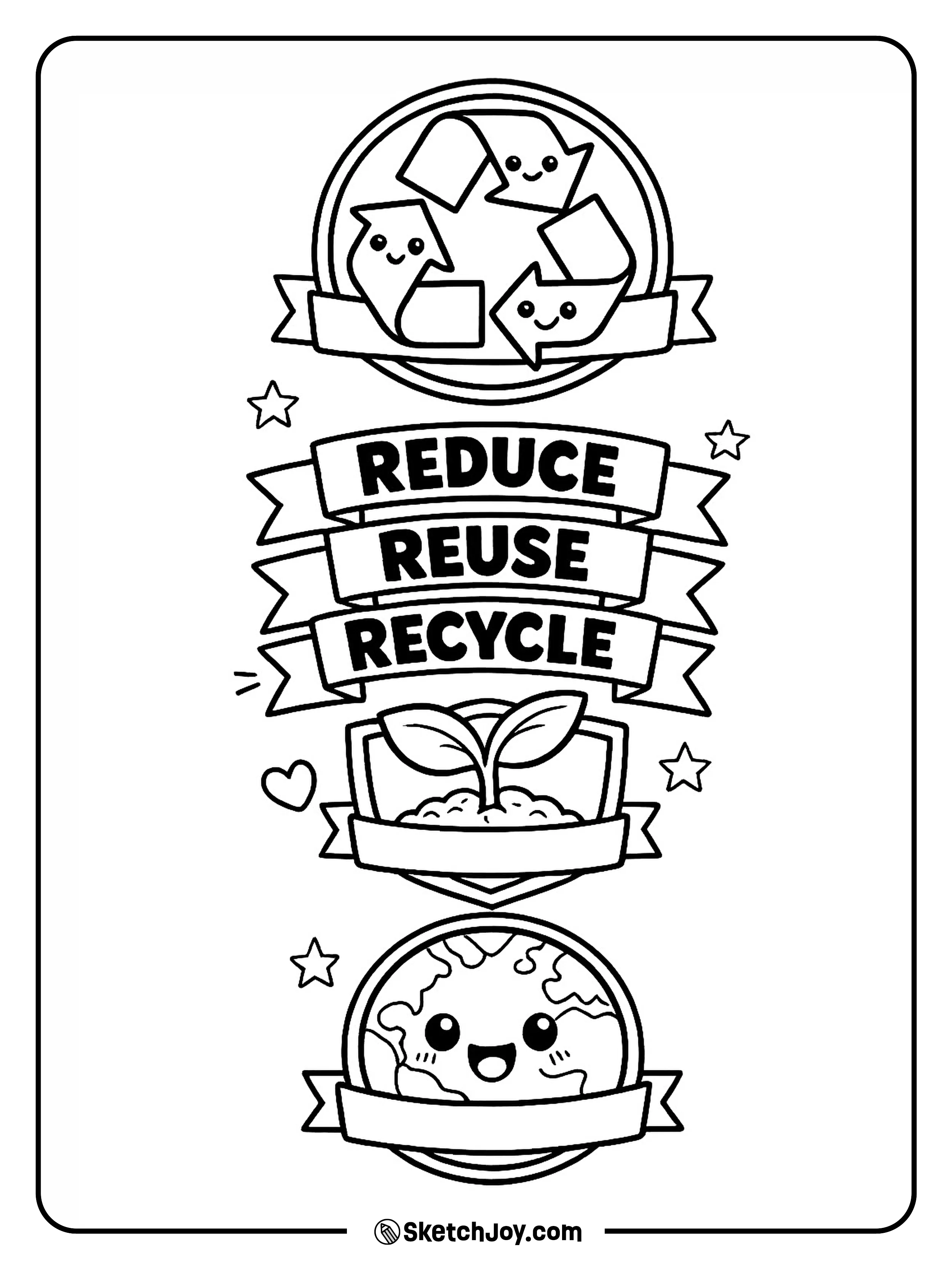 Three fun Earth Day badges show smart planet care ideas.
