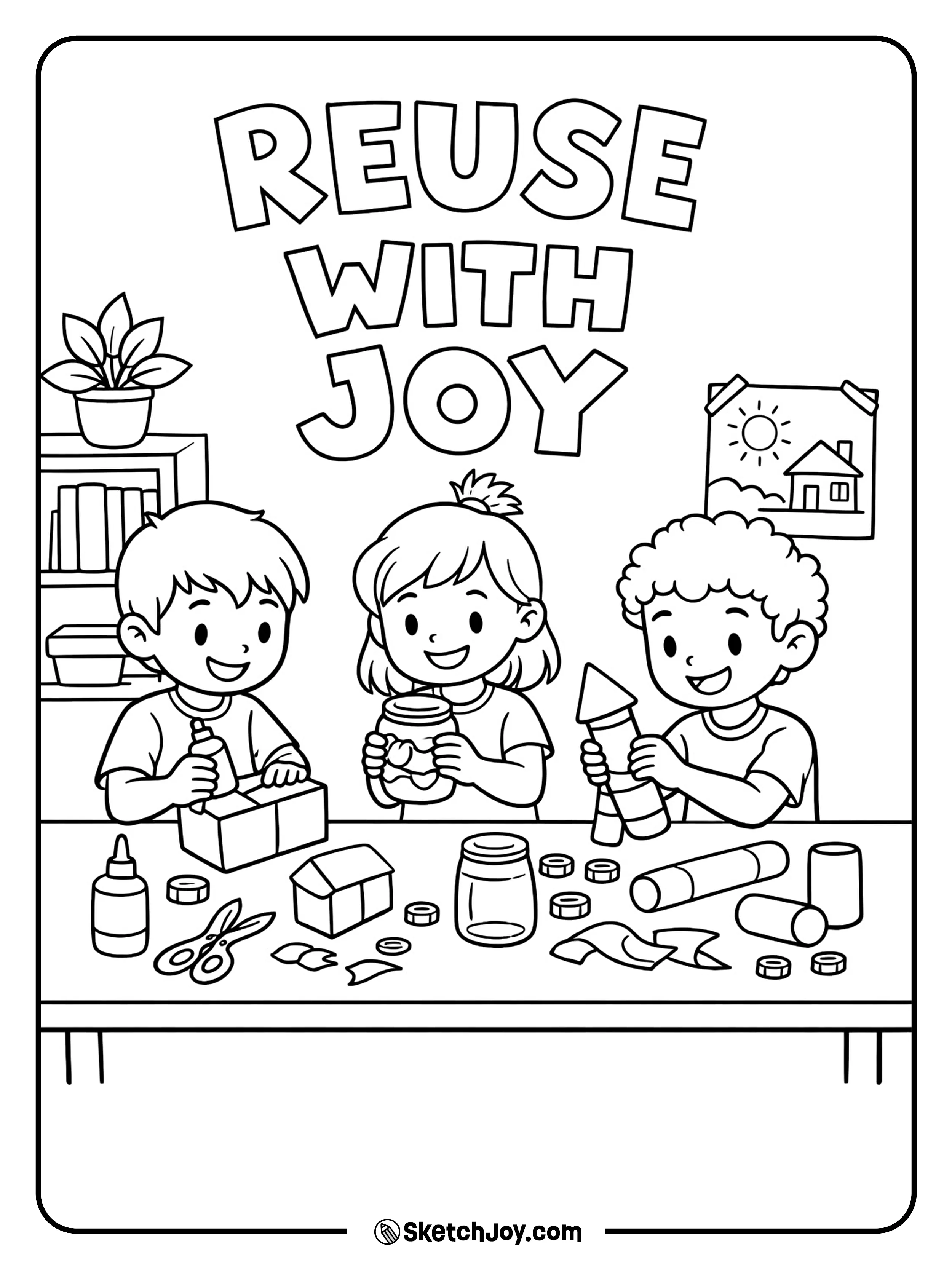 Kids make art from boxes, jars, and paper rolls.