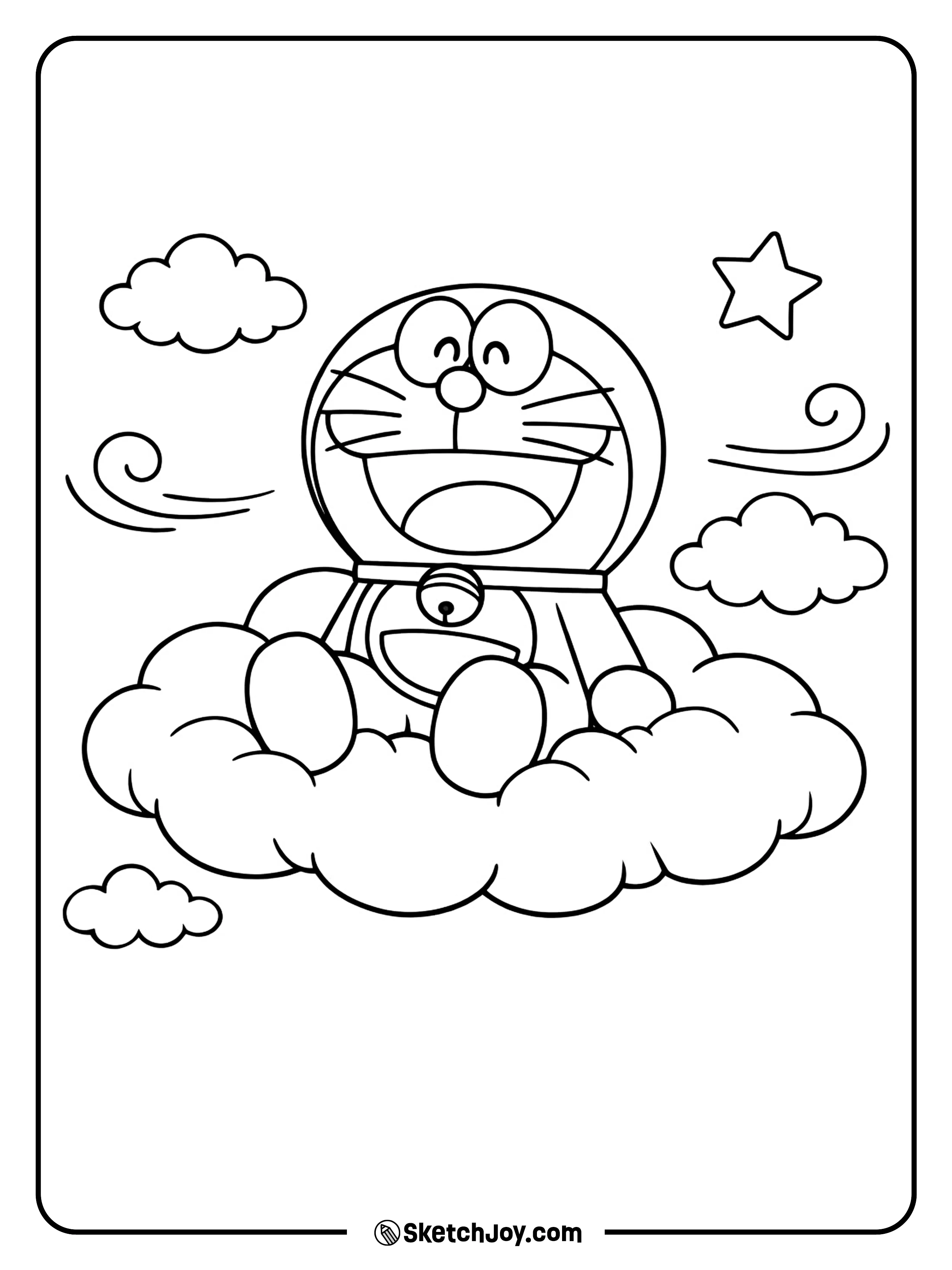 Doraemon sits on a fluffy cloud and looks very happy.