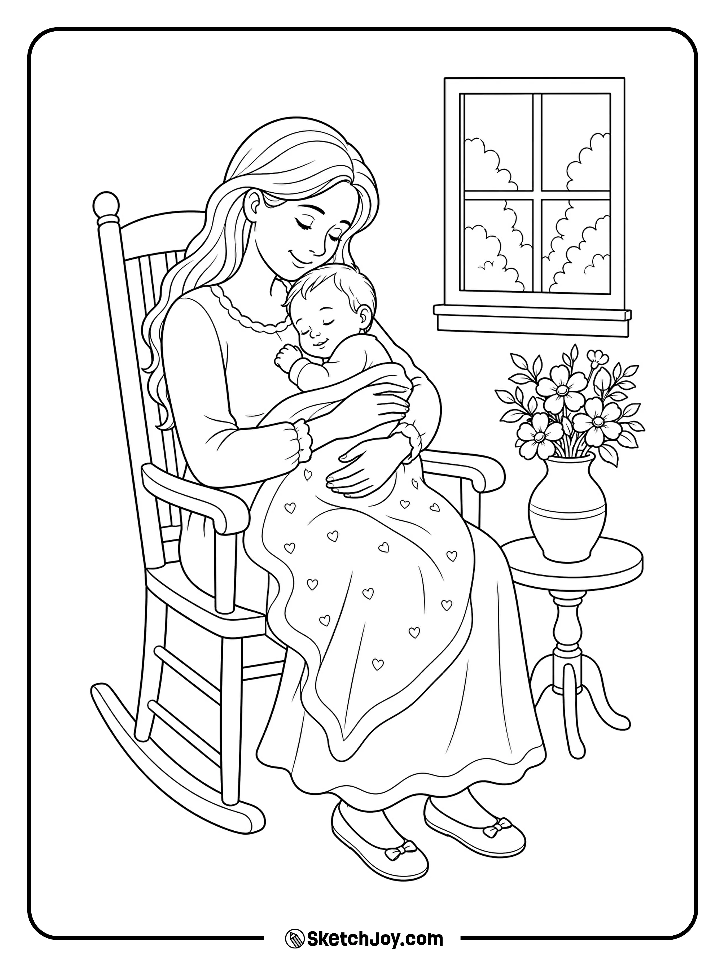 A mother holds her baby while sitting in a rocking chair.