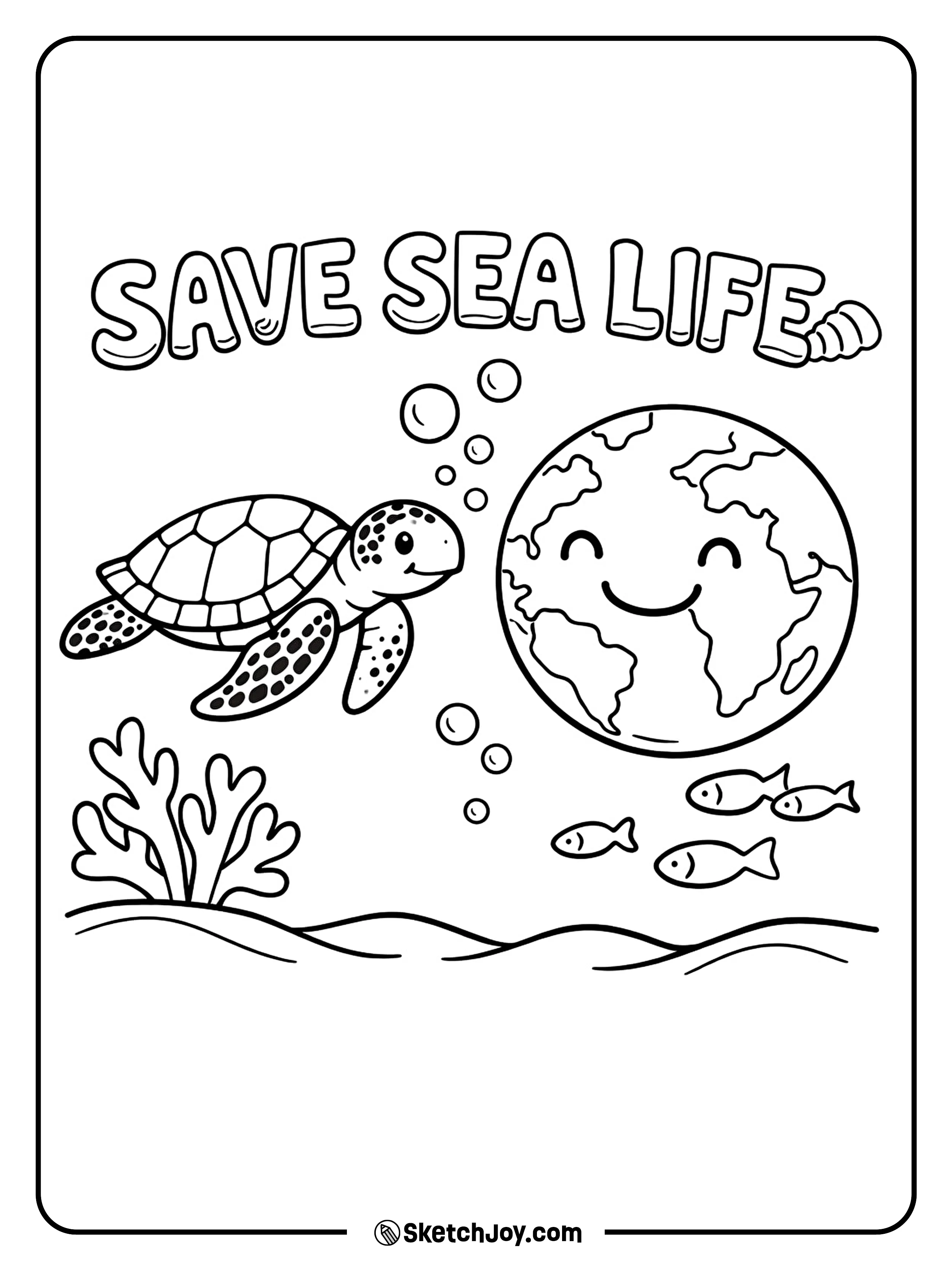 A sea turtle swims beside the Earth with a calm happy look.