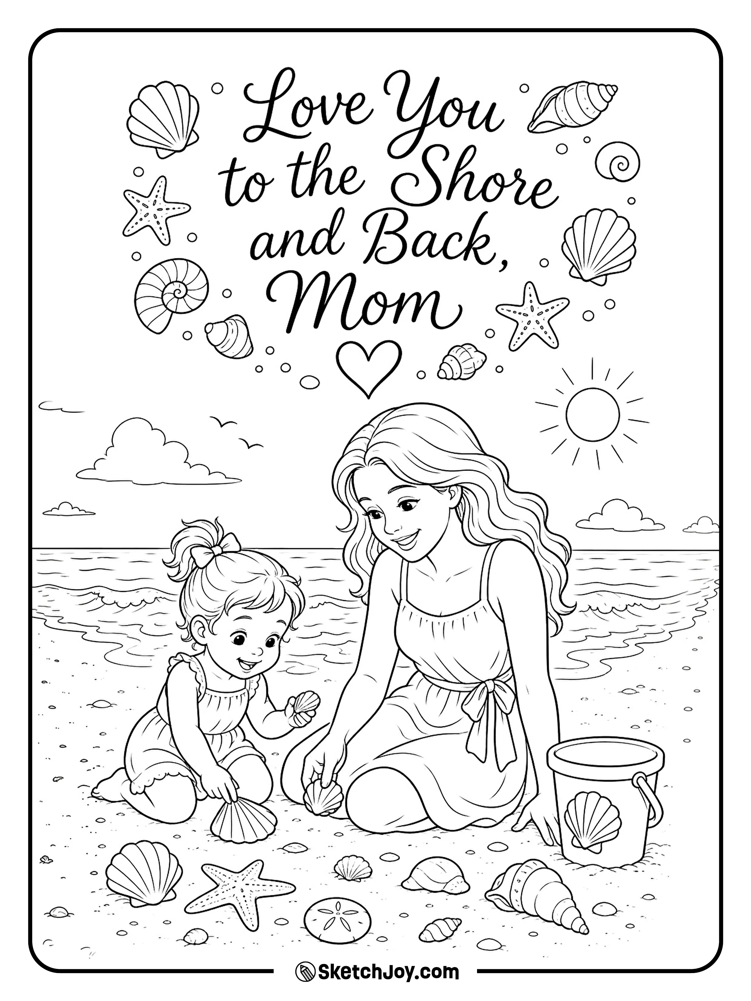 A mother and toddler enjoy a calm day by the sea.