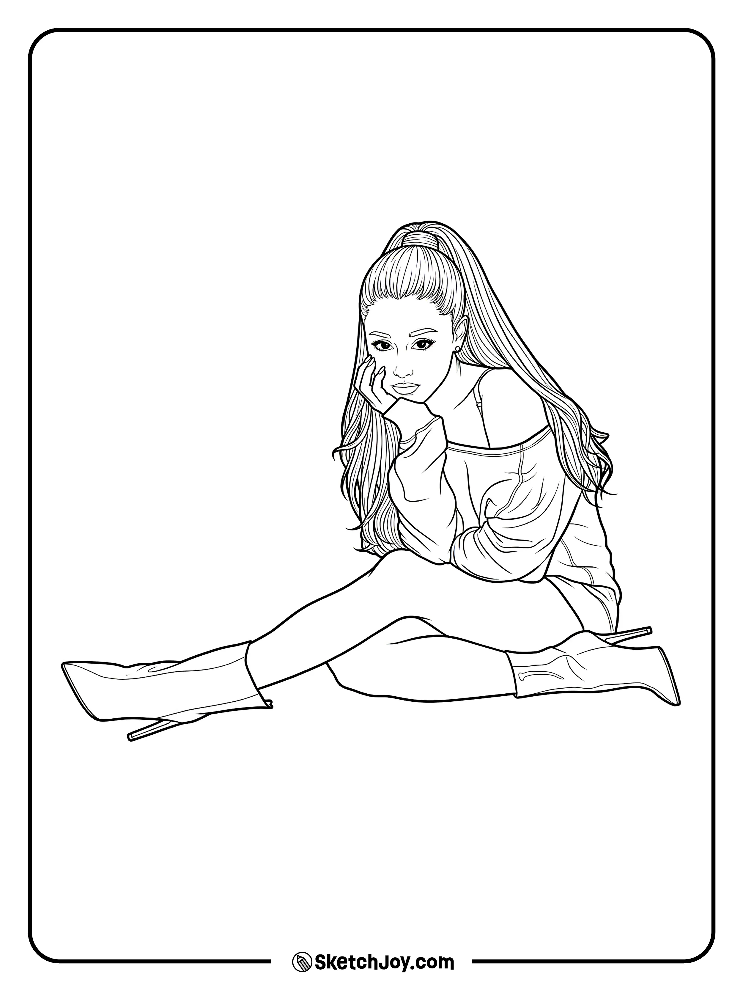 A relaxed seated pose with long hair, boots, and a cozy outfit.