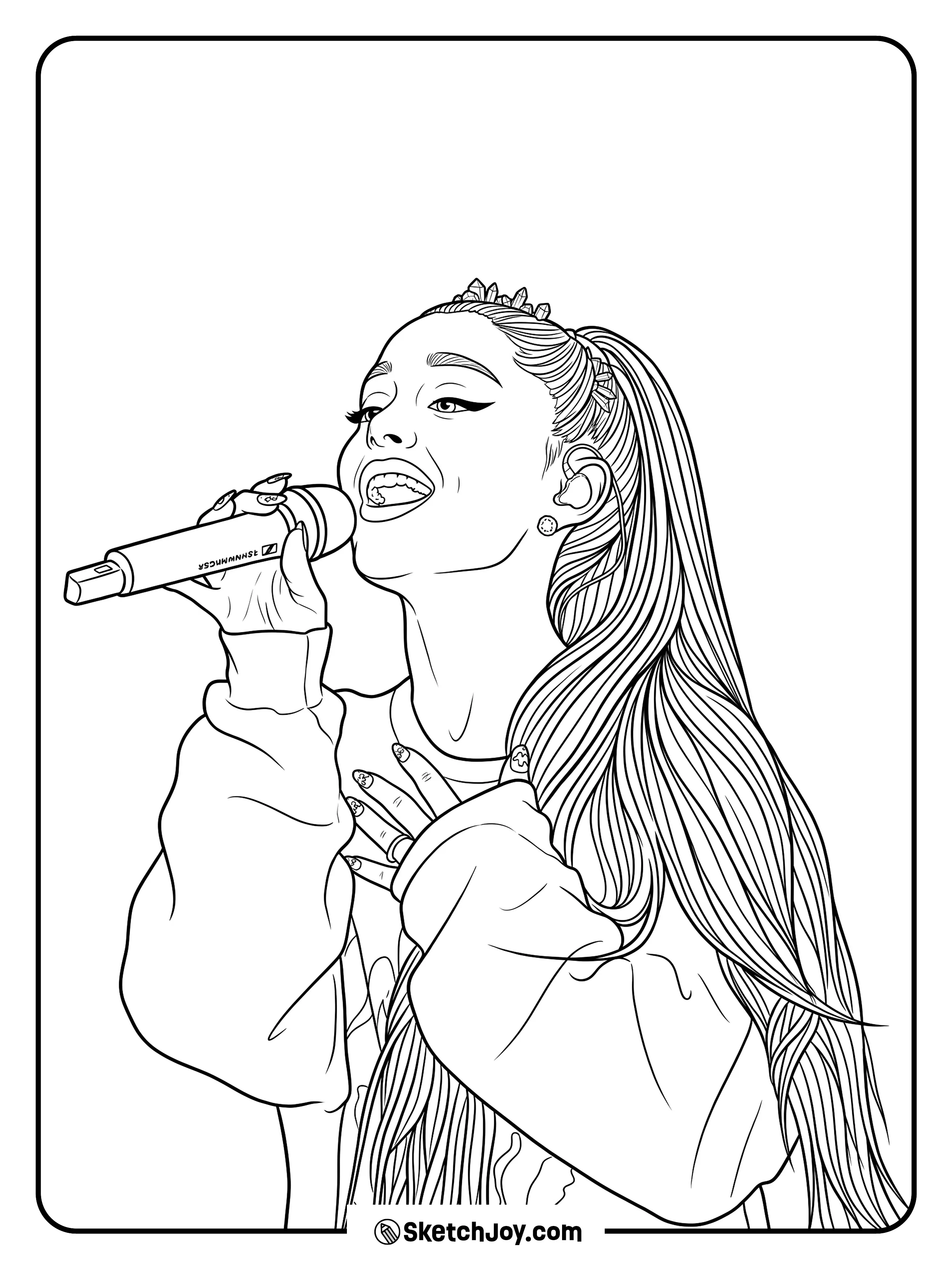 A performance moment with a microphone and a bright happy smile.