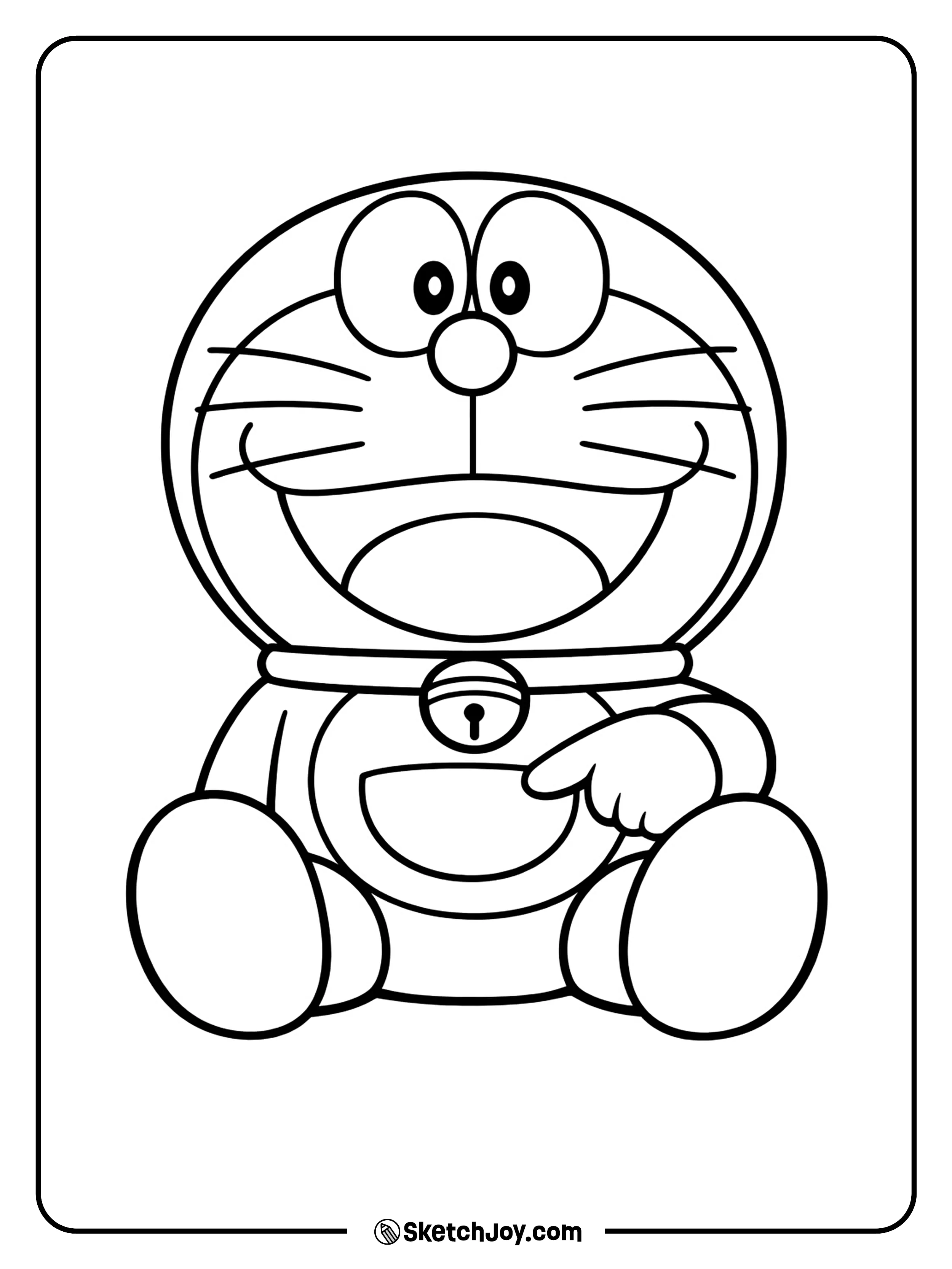 Doraemon sits proudly and shows the pocket that holds his gadgets.