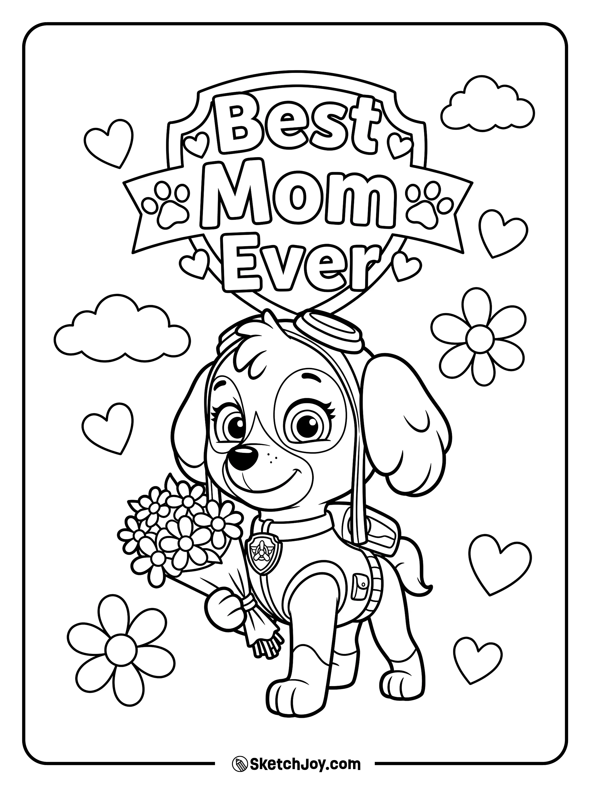 Skye from Paw Patrol brings flowers with a bright smile.