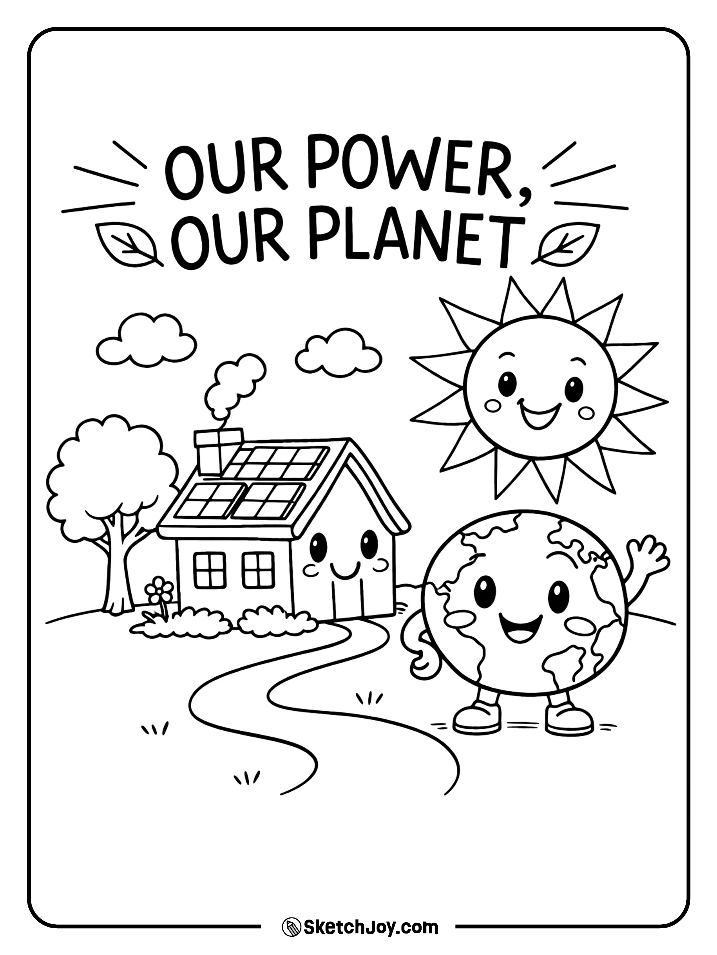 A small house uses sun power while the Earth smiles nearby.