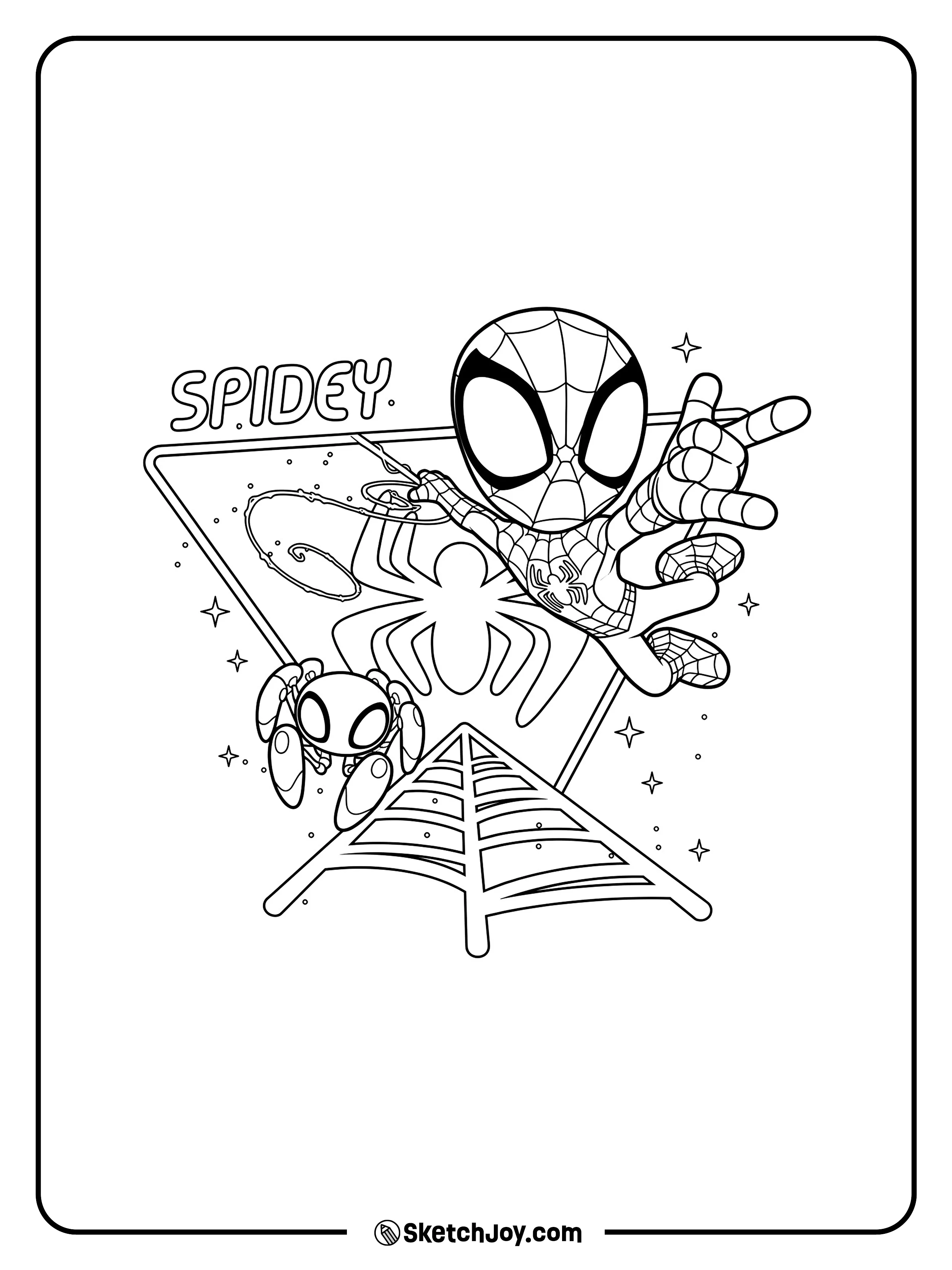 Spidey leaps forward with TRACE-E and a big spider symbol behind him.