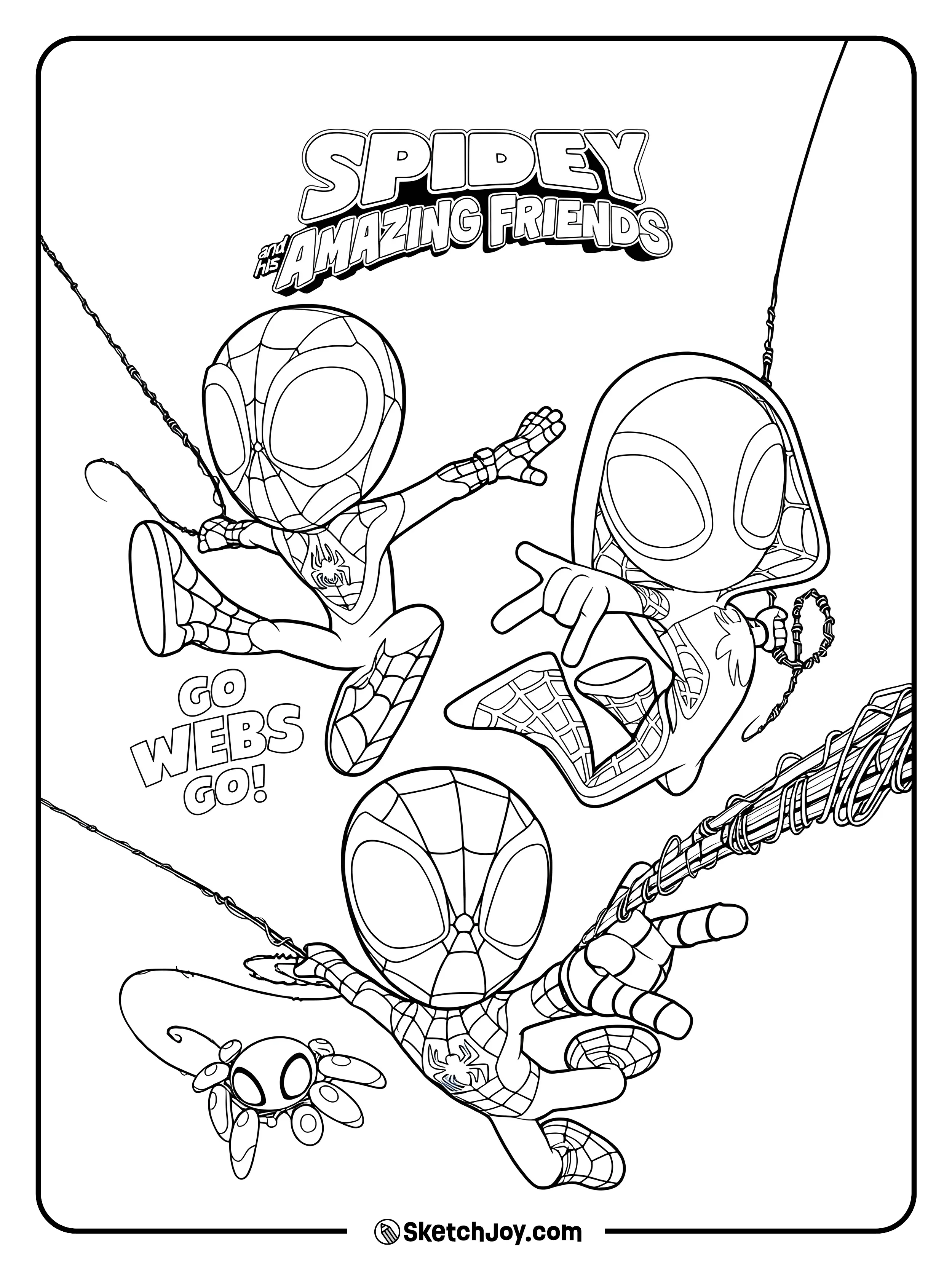 The Spidey team swings and jumps together with TRACE-E nearby.