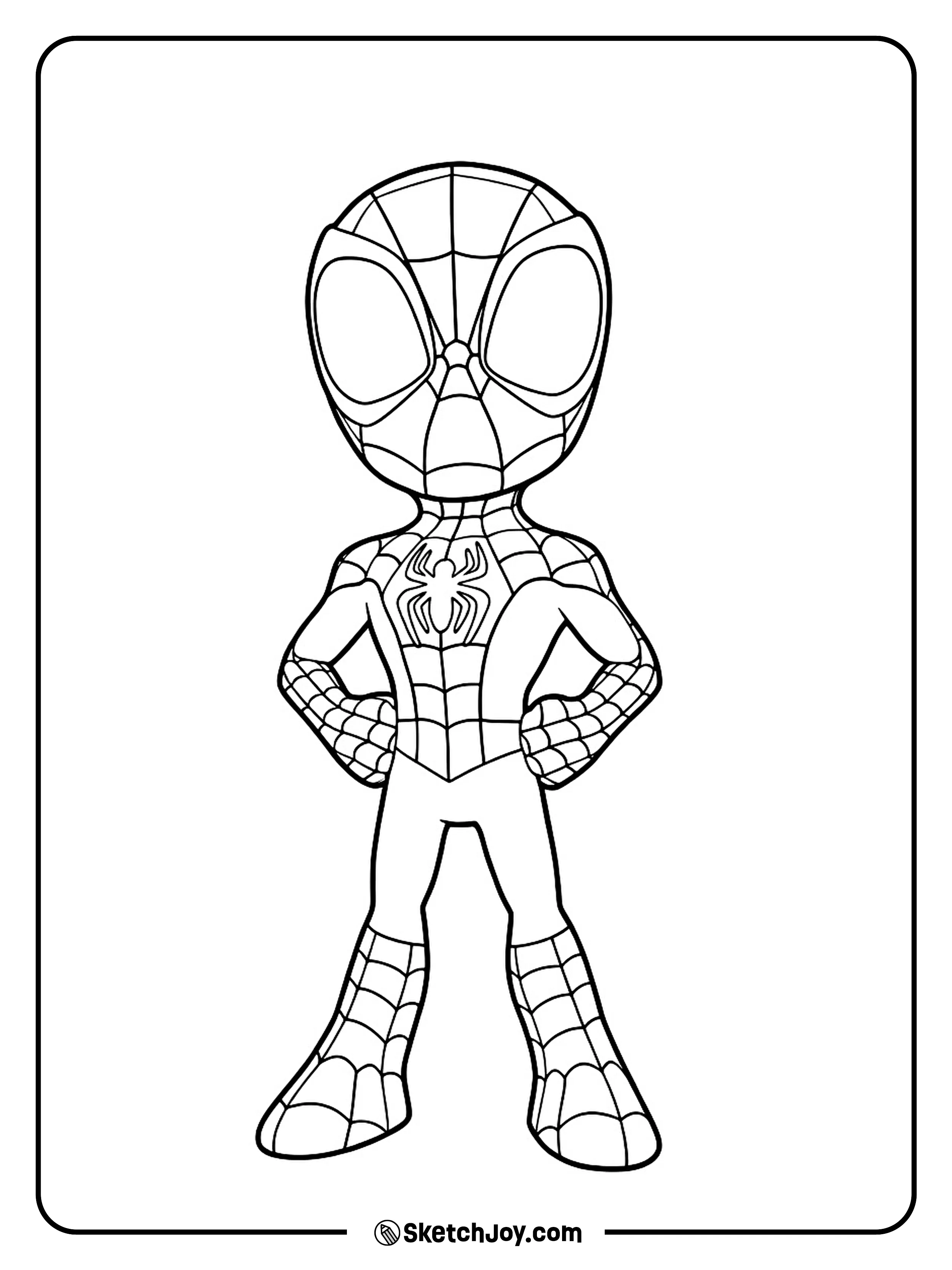Spidey stands tall with his hands on his hips and looks ready to help.