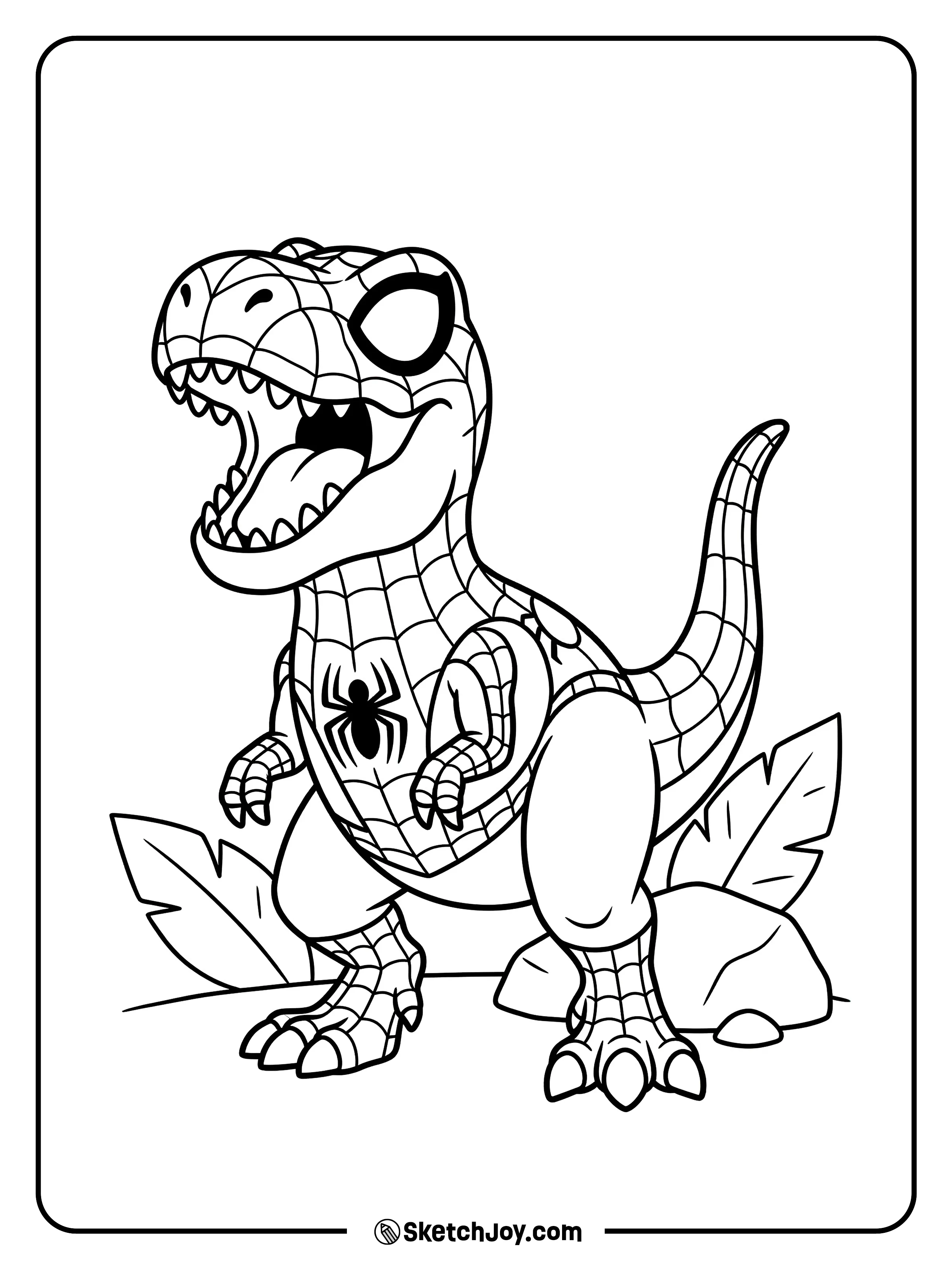 Spidey-Rex stands on the ground with a big roar and sharp claws.