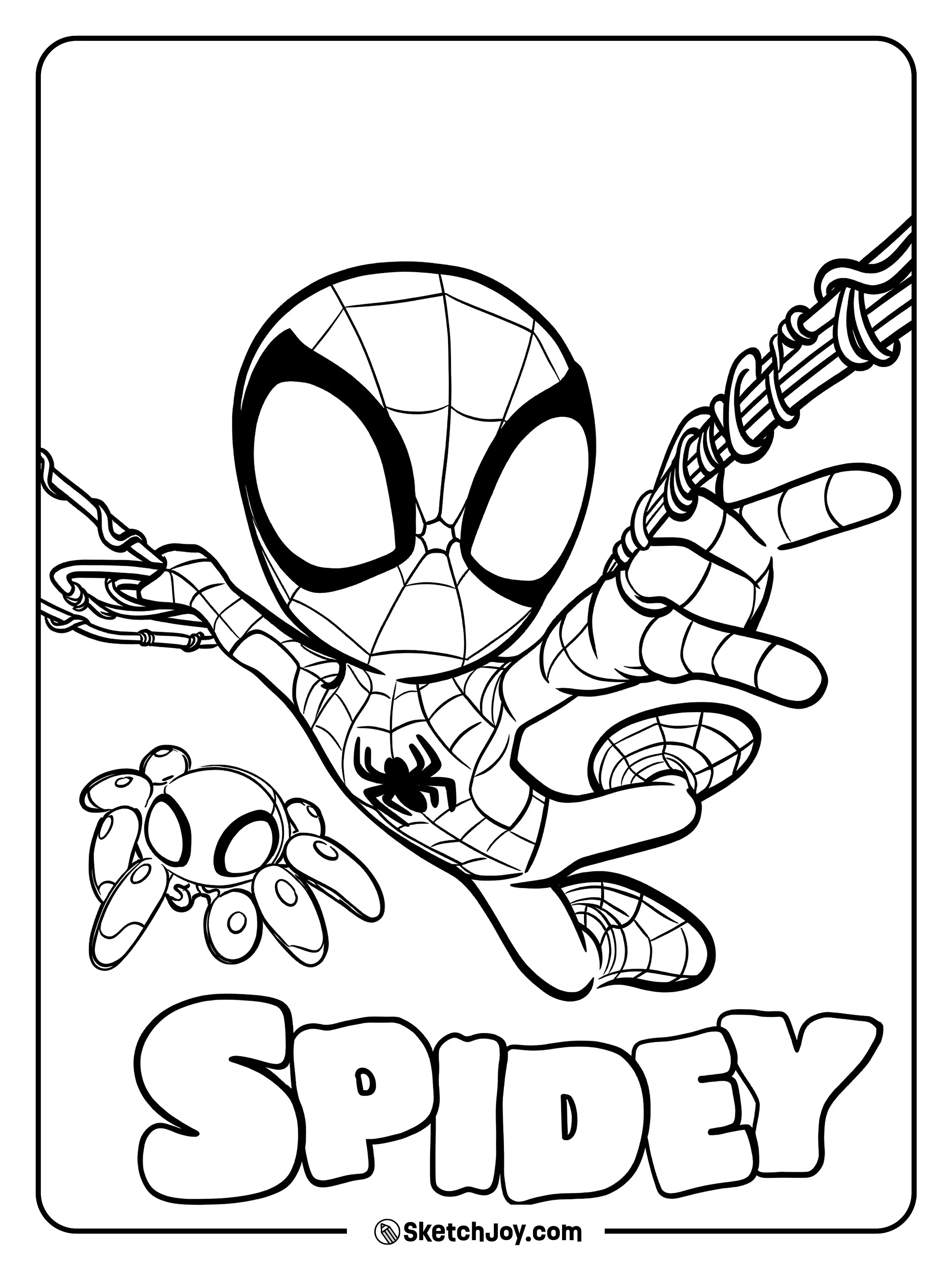 Spidey swings forward while TRACE-E floats beside him.