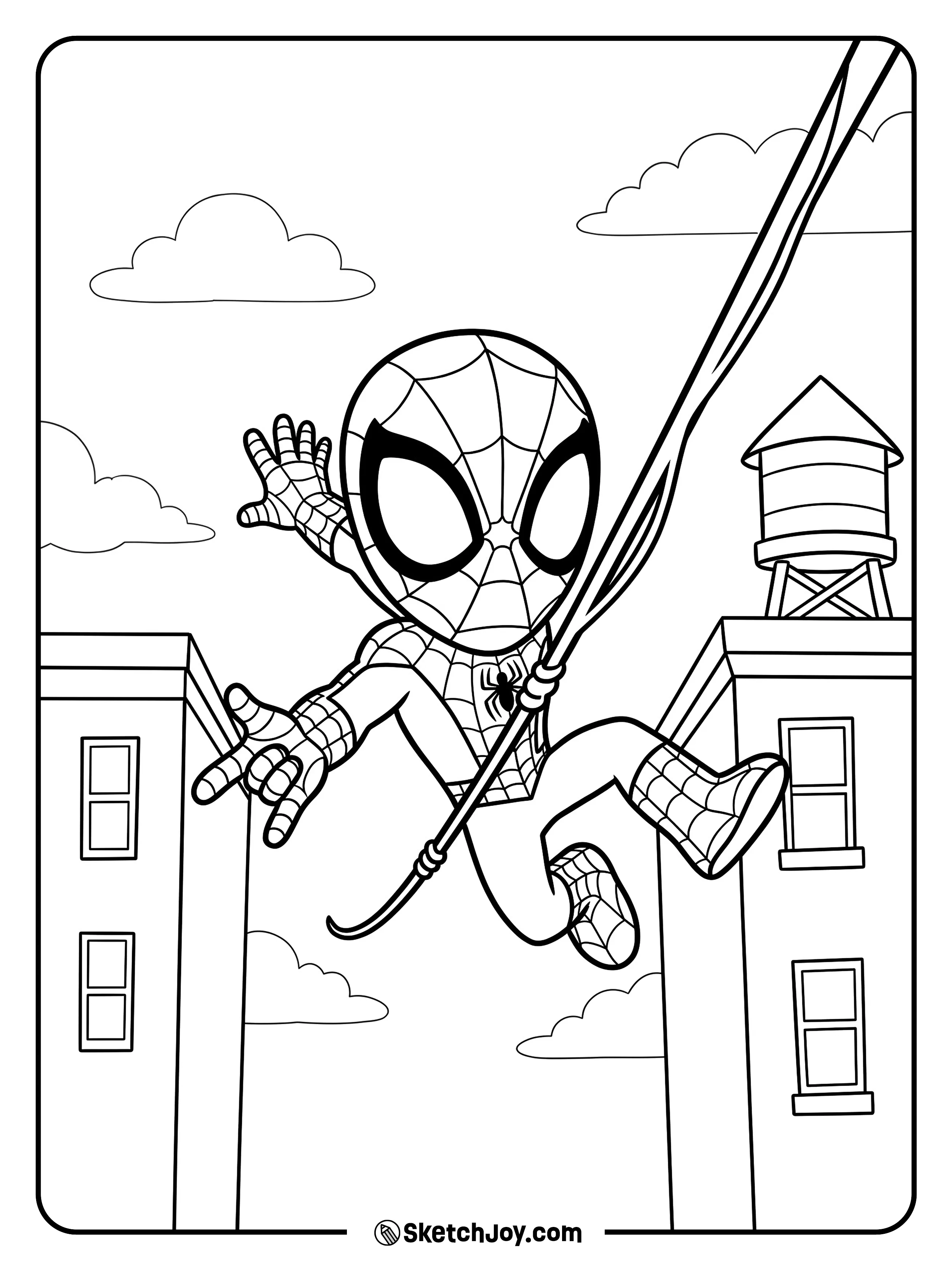 Spidey swings high between city buildings under a cloudy sky.