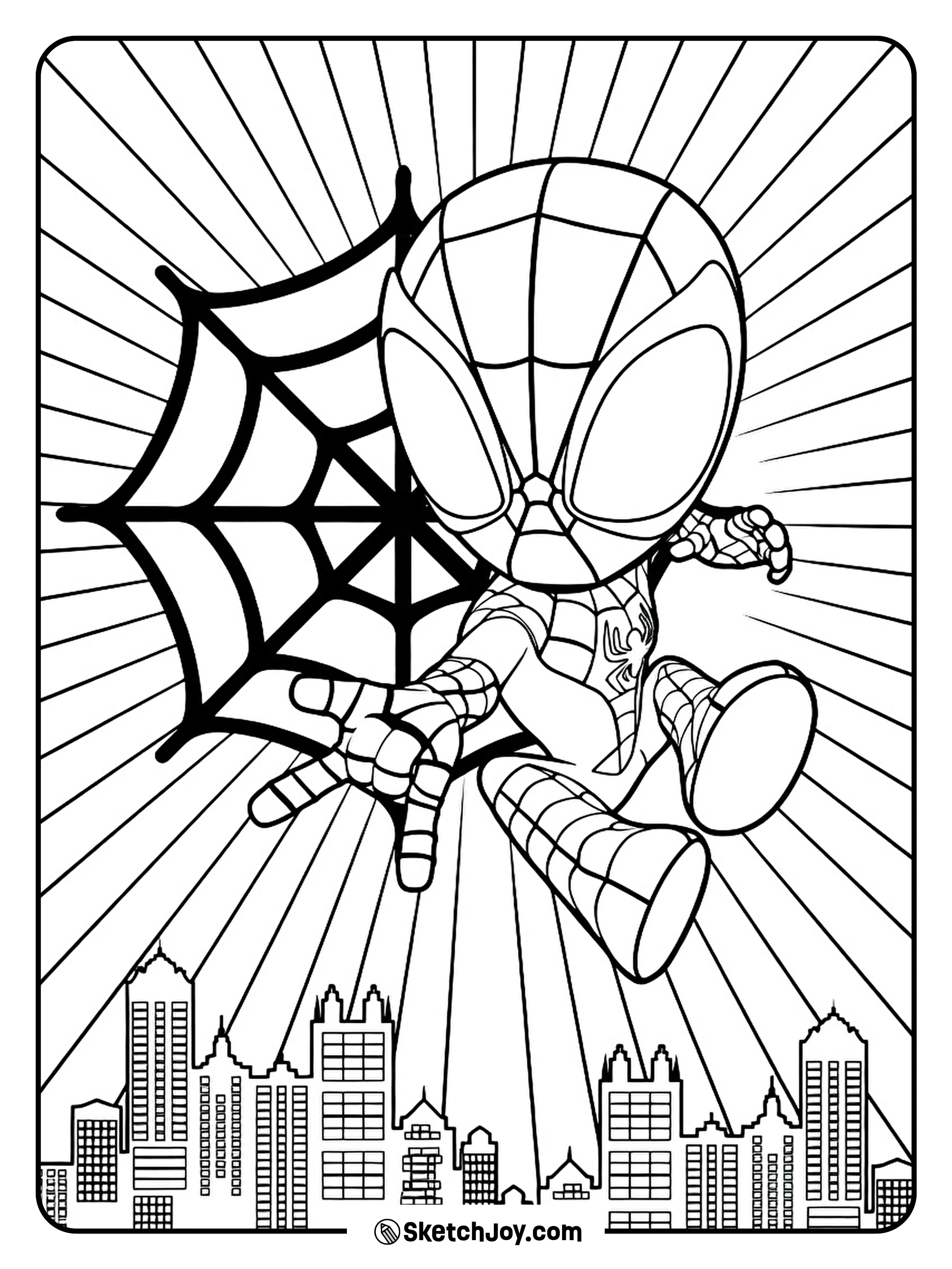Spidey swings forward with a web as the city skyline rises below.