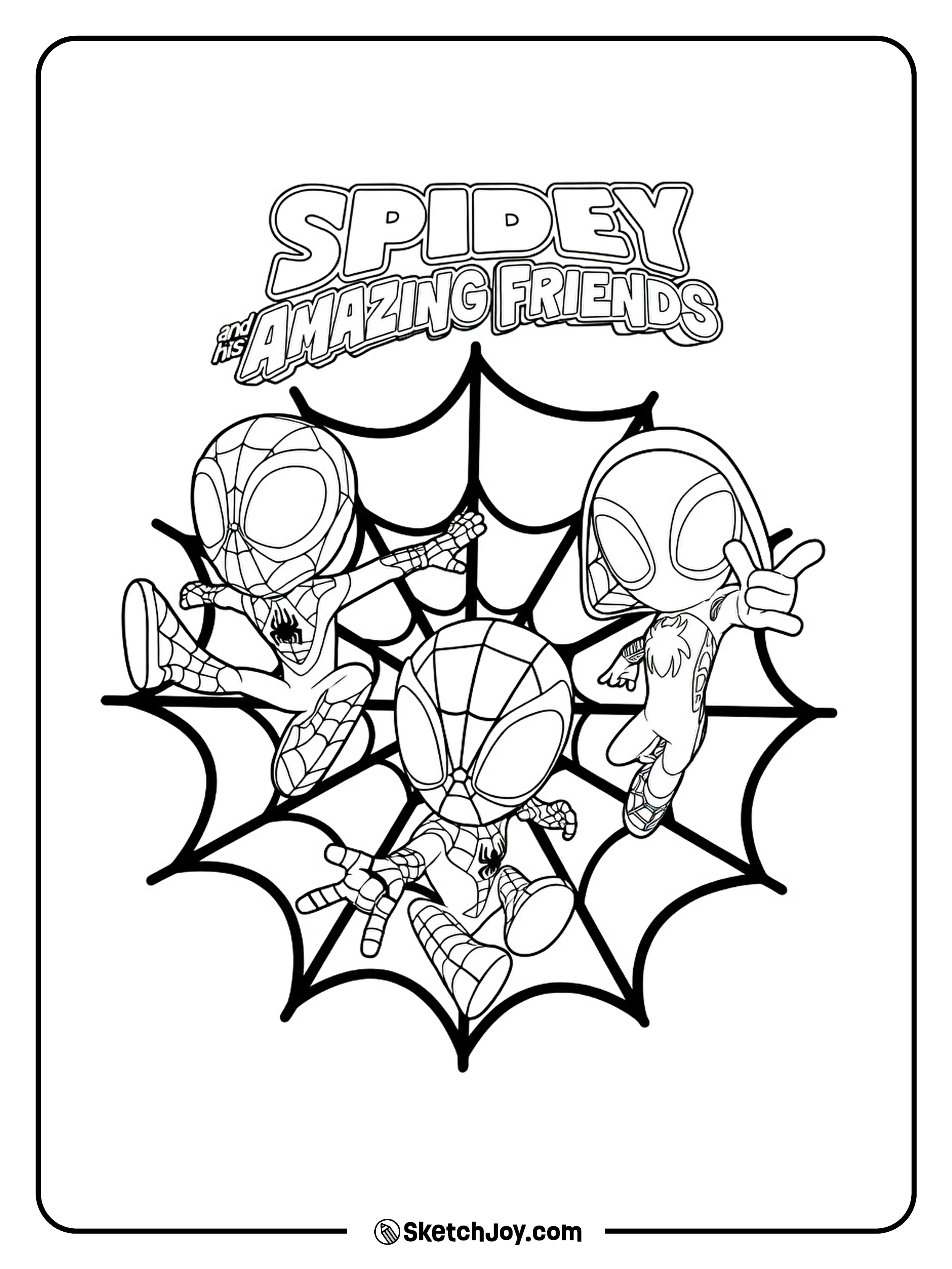 Spidey, Ghost-Spider, and Miles leap out across a giant web.