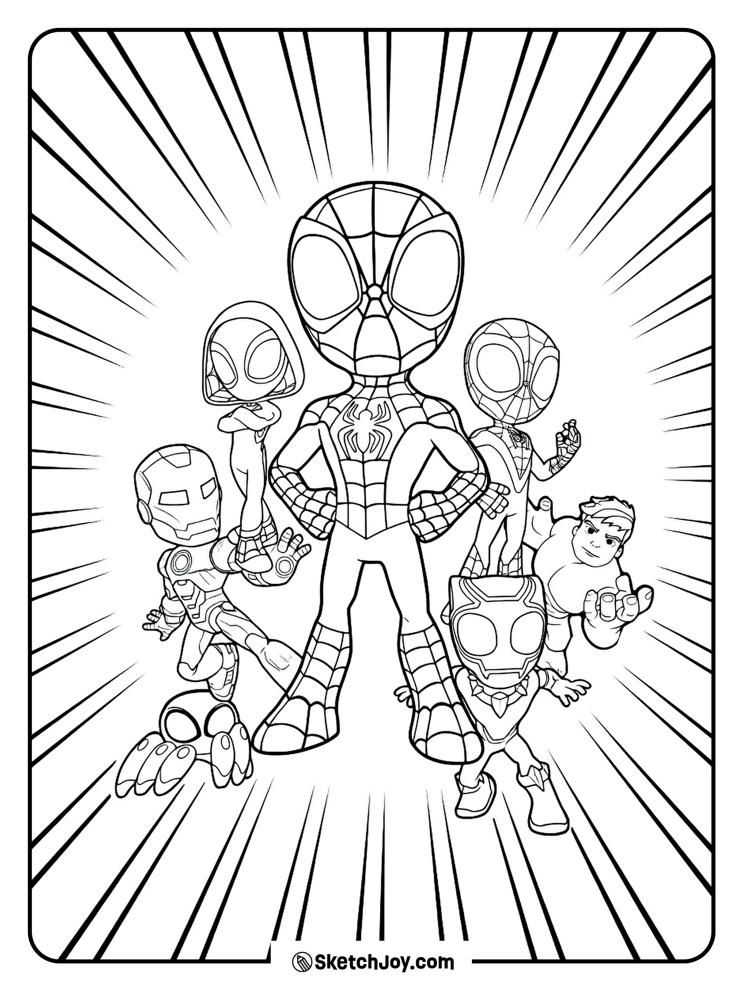 Spidey stands in the center with his hero friends all around him.