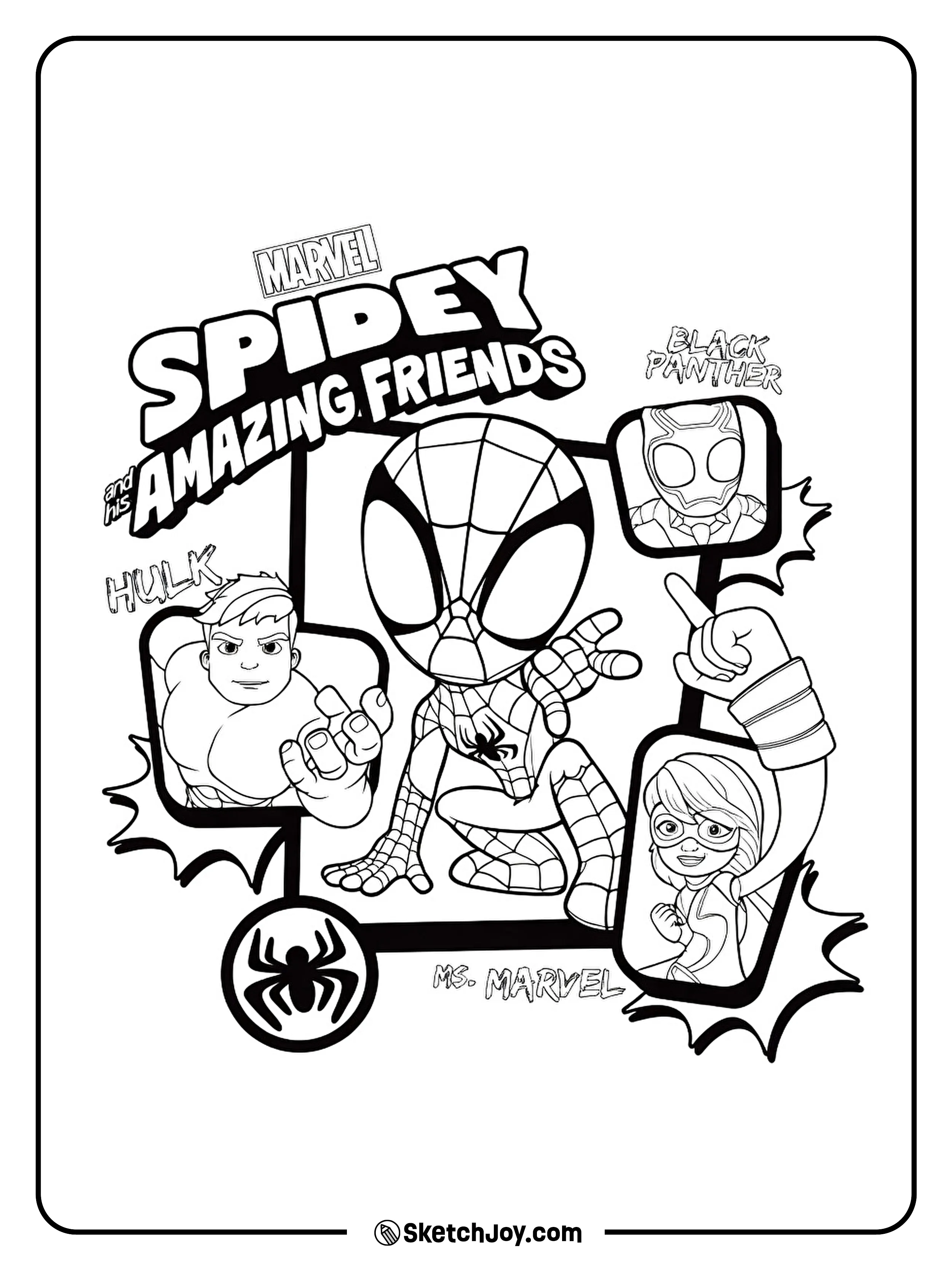 Spidey is joined by Hulk, Black Panther, and Ms. Marvel.