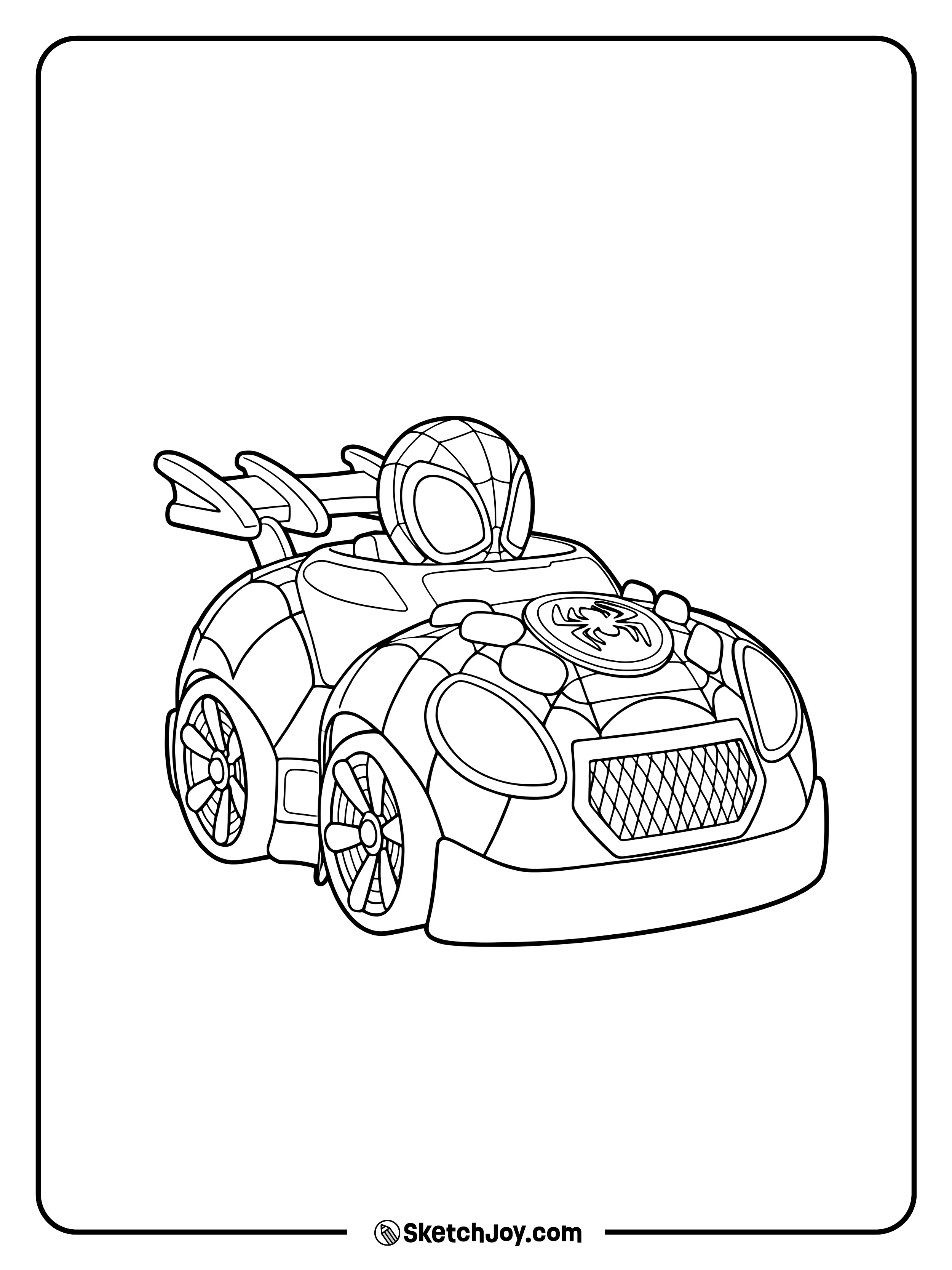 Spidey rides in his cool spider-themed car with a bold front view.