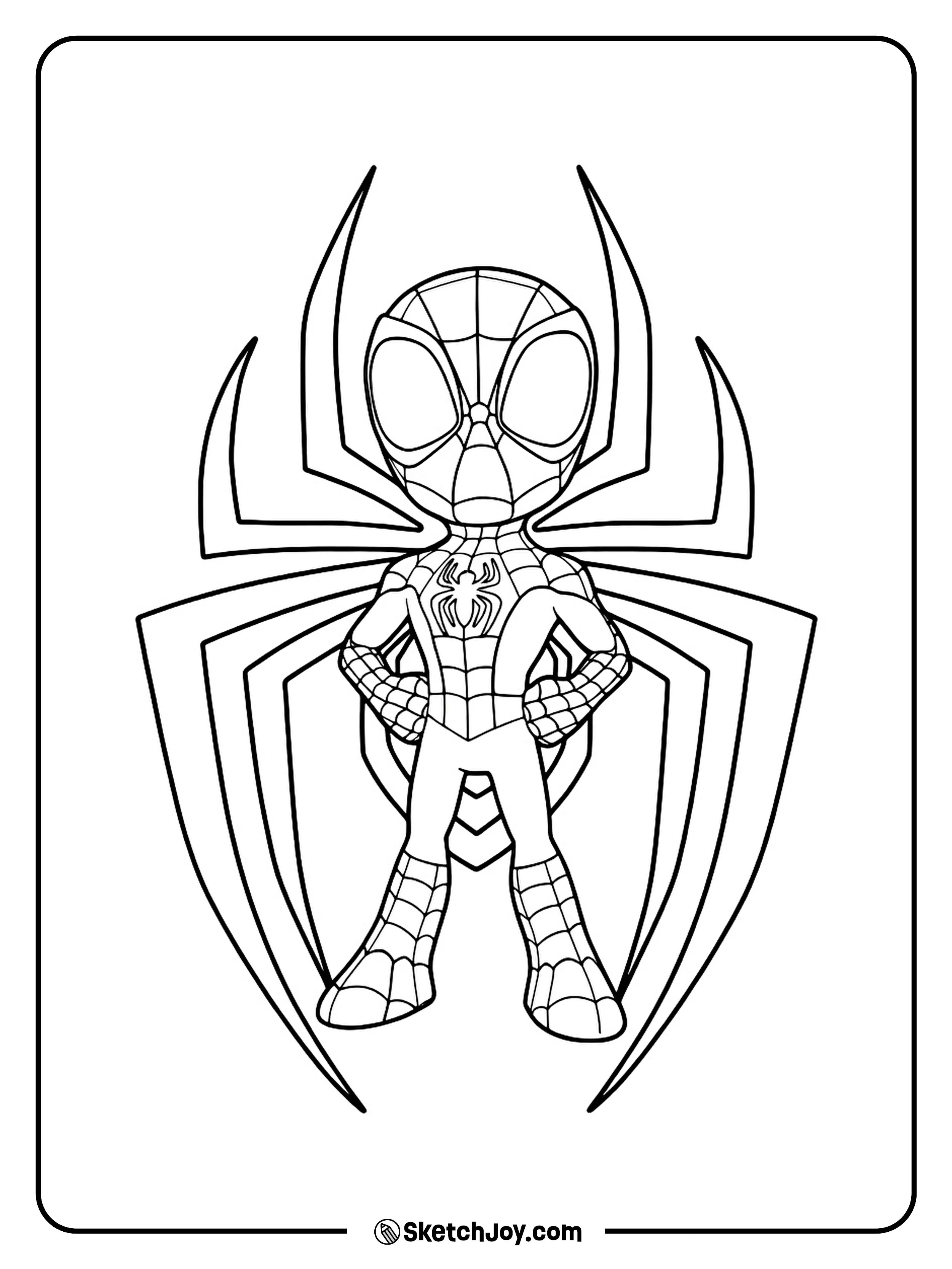 Spidey stands in front of a giant spider symbol in a bold hero pose.