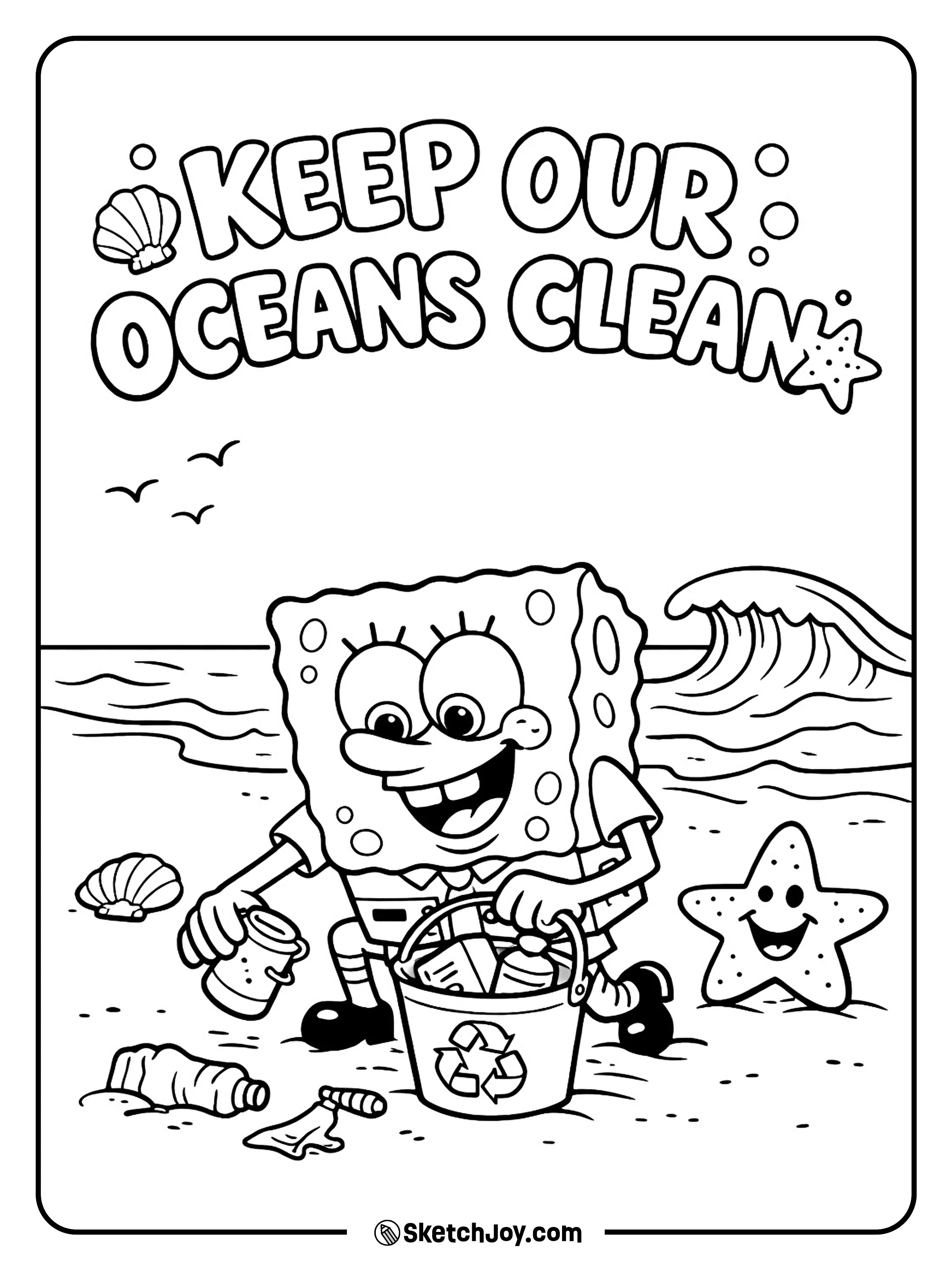 SpongeBob helps clean the beach with a big happy smile.