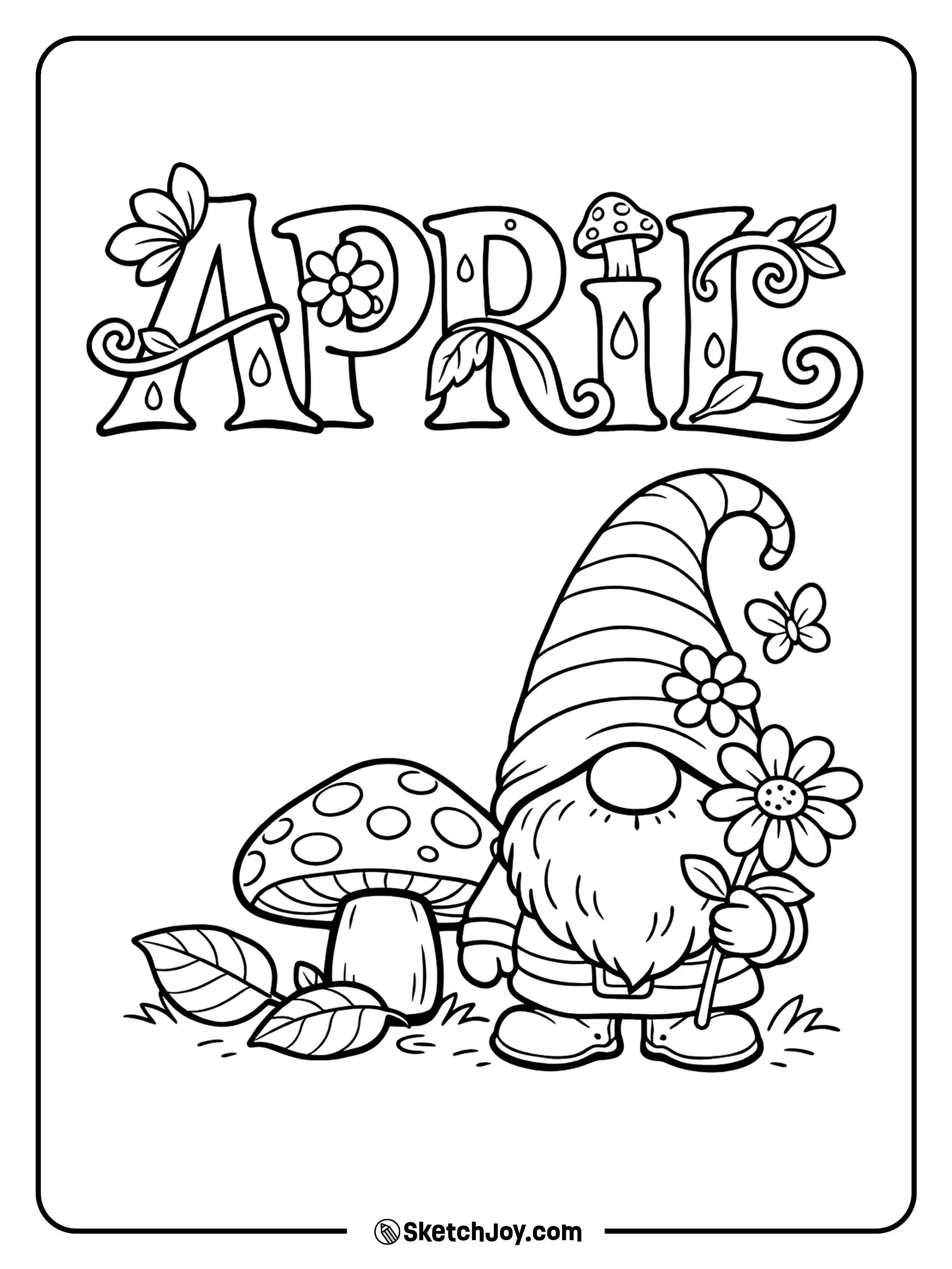 A cute gnome holds a flower and stands by a mushroom.