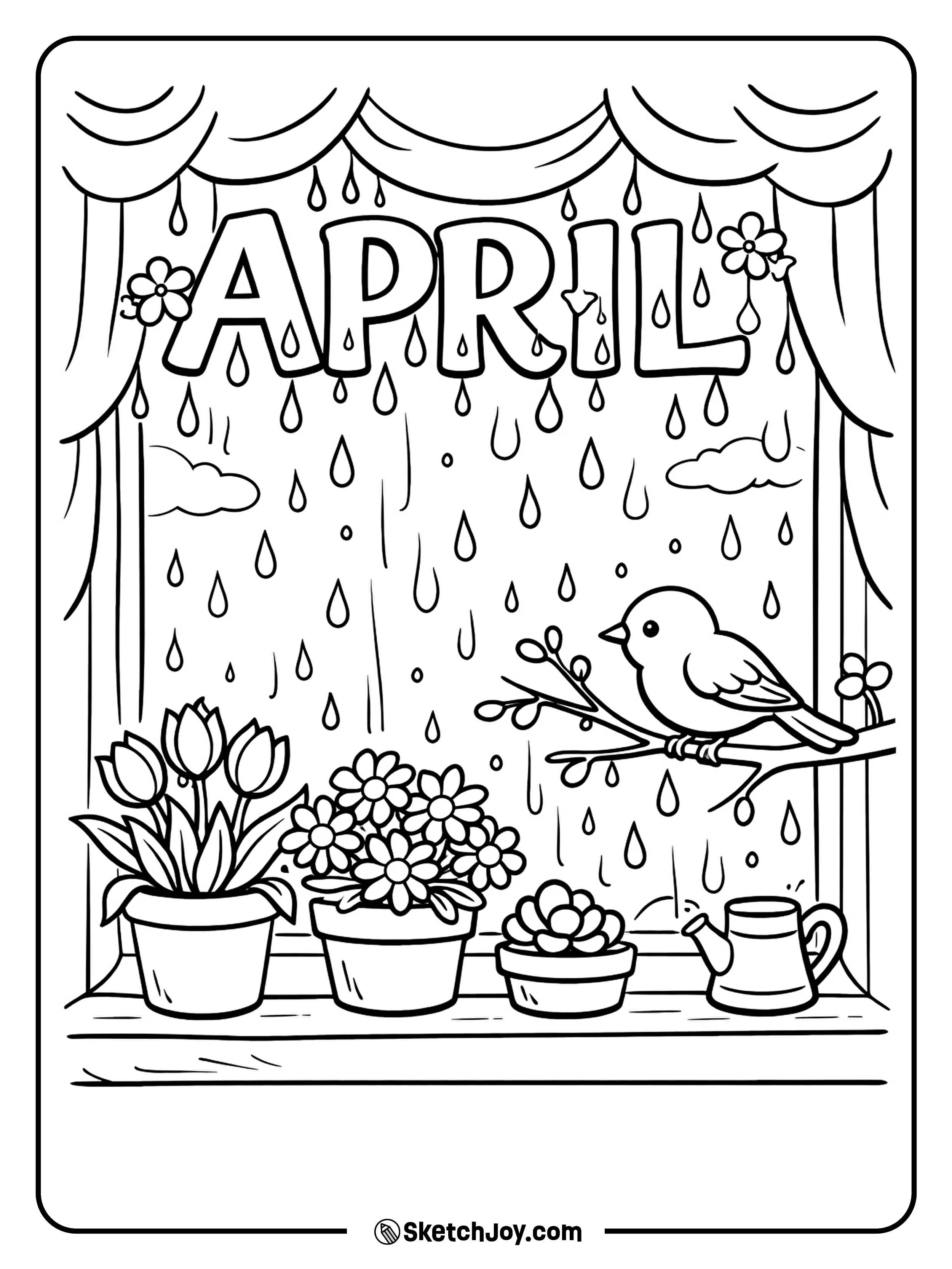 A cozy window shows rain, flowers, and a little bird outside.