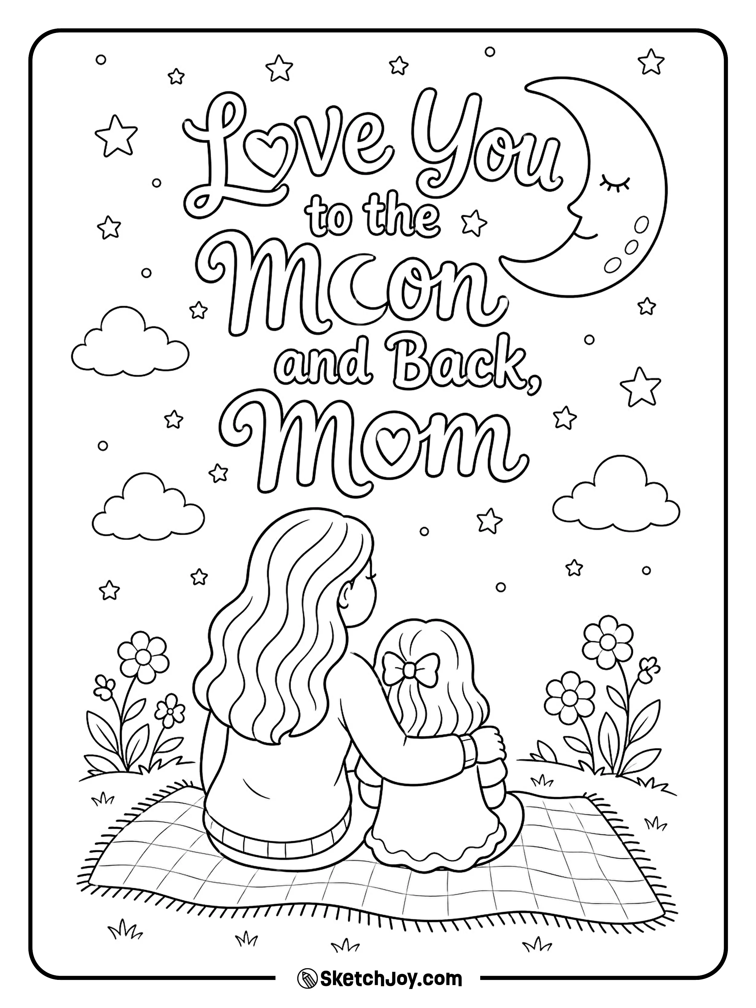 Mom and child sit together under a sky full of stars.