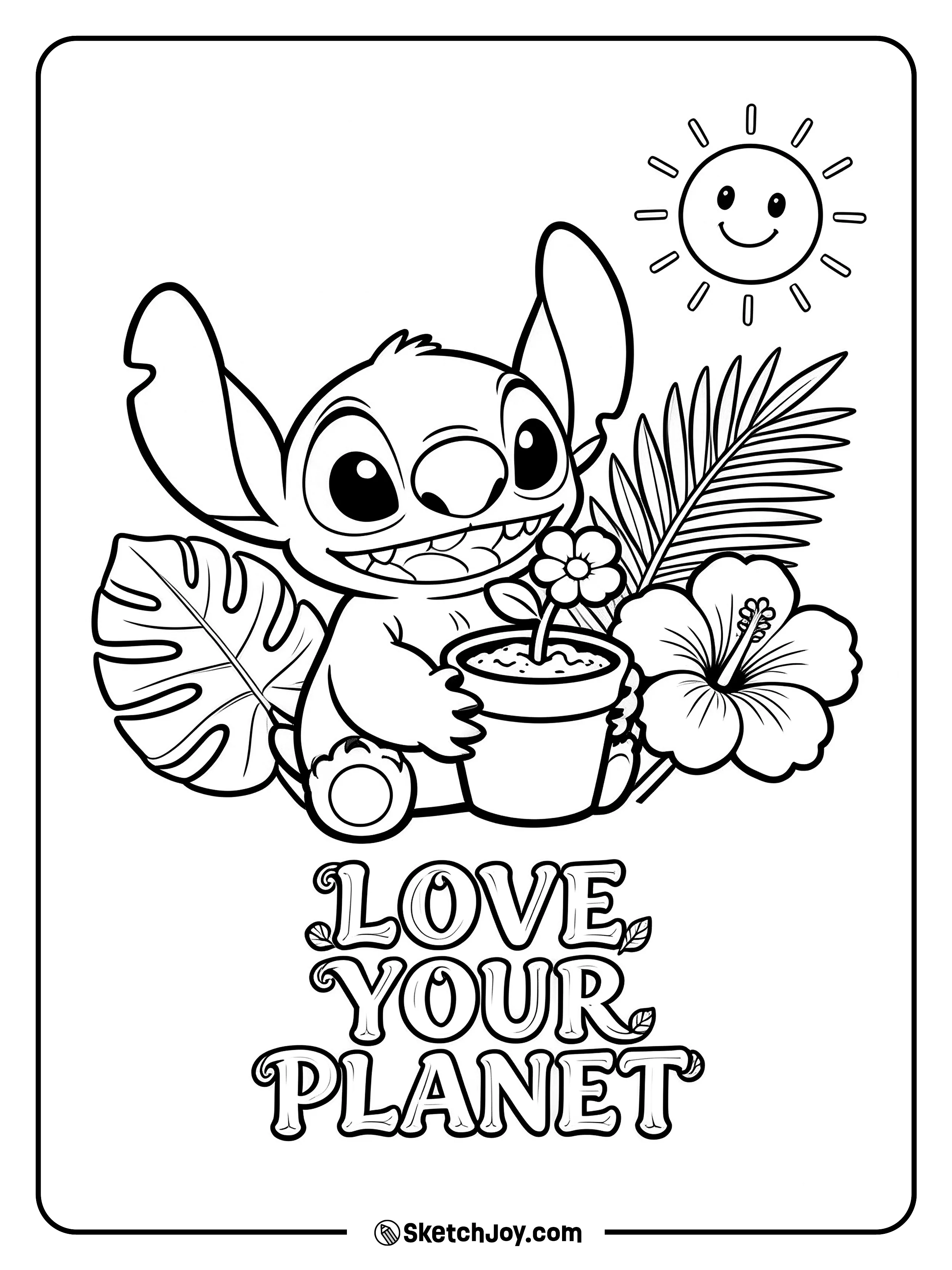 Stitch holds a small plant and smiles in a fun Earth Day scene.