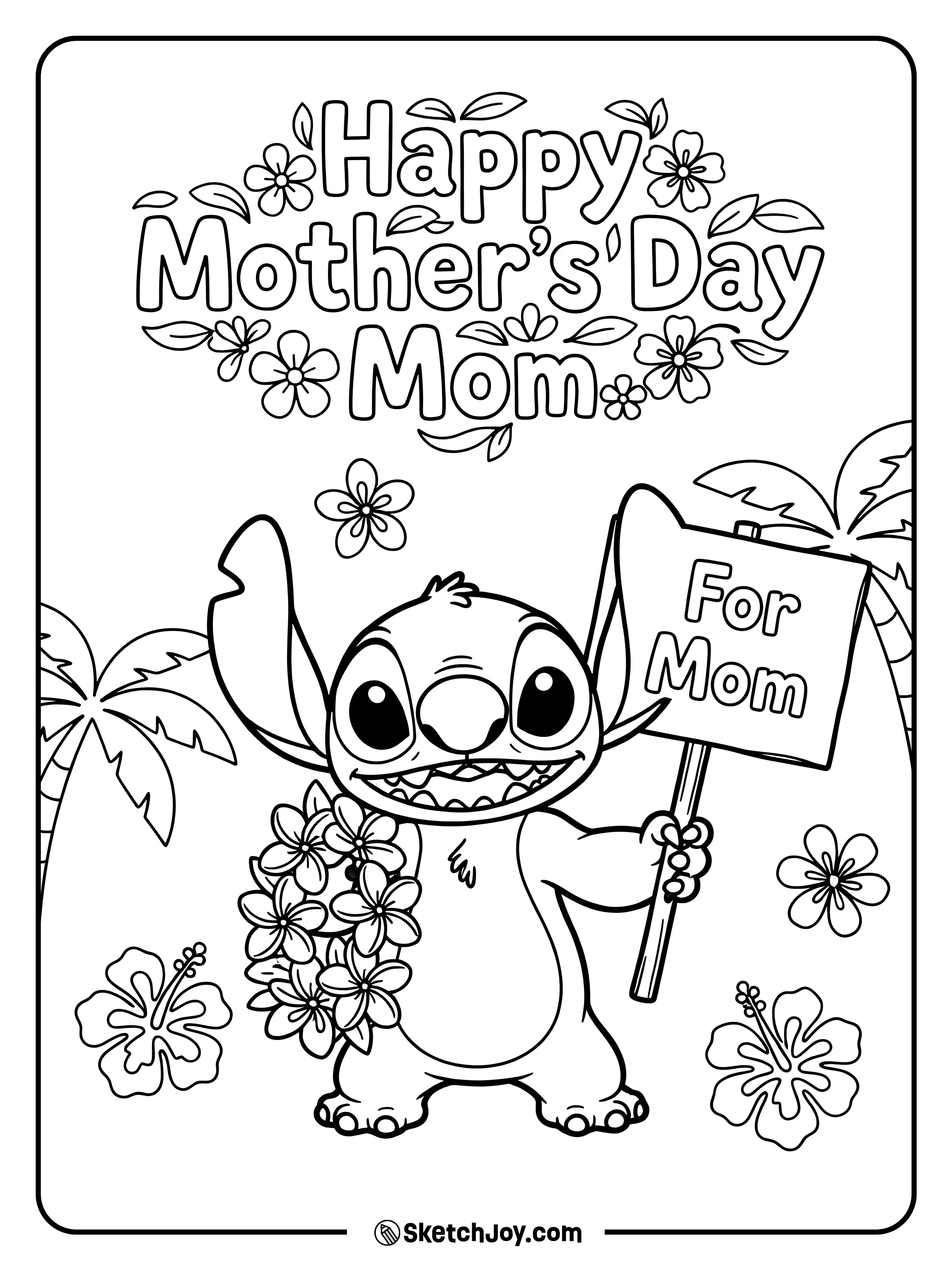 Stitch holds a flower lei and a happy Mother’s Day sign.