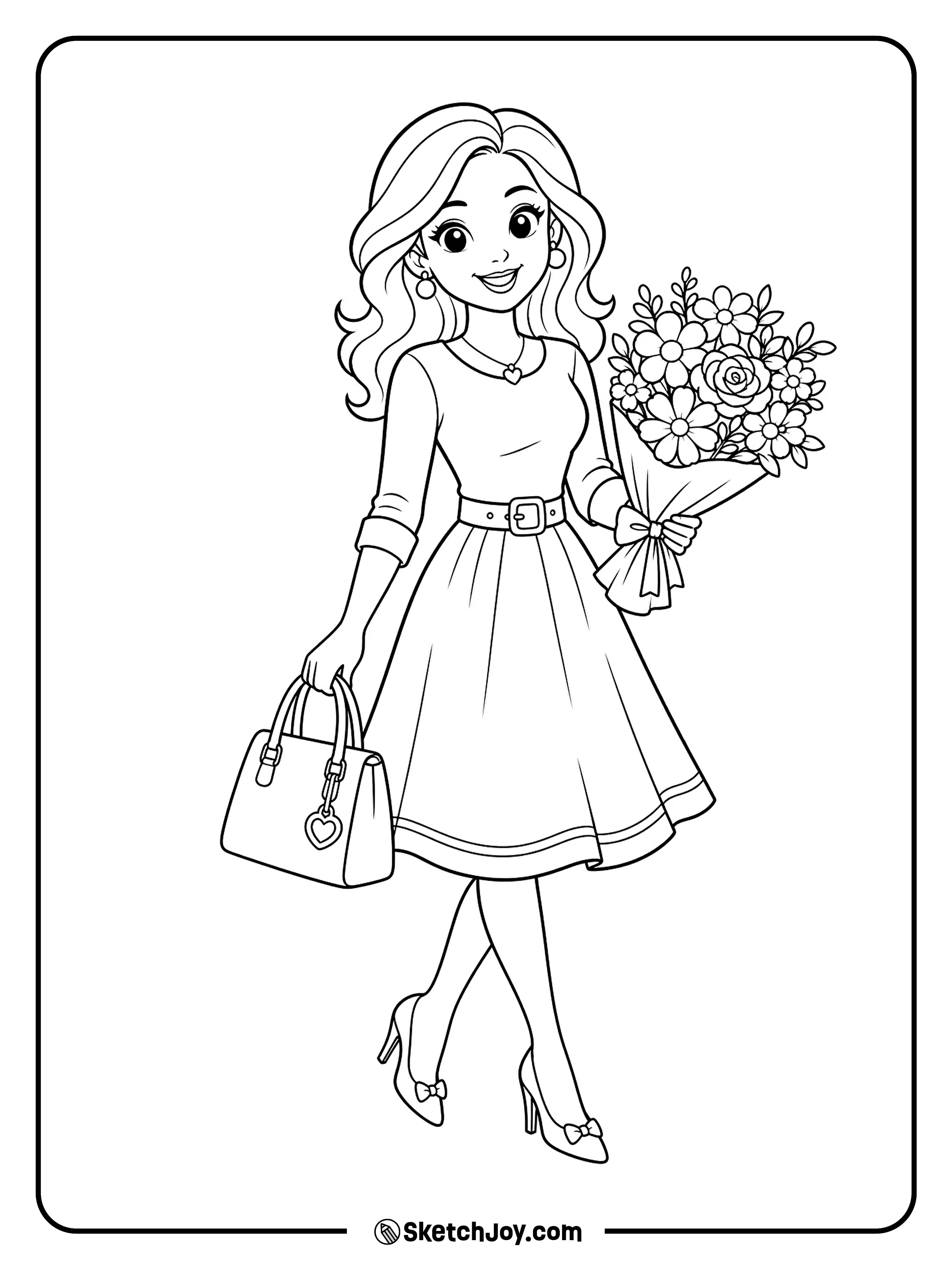 A stylish mom stands proudly with flowers and a happy smile.