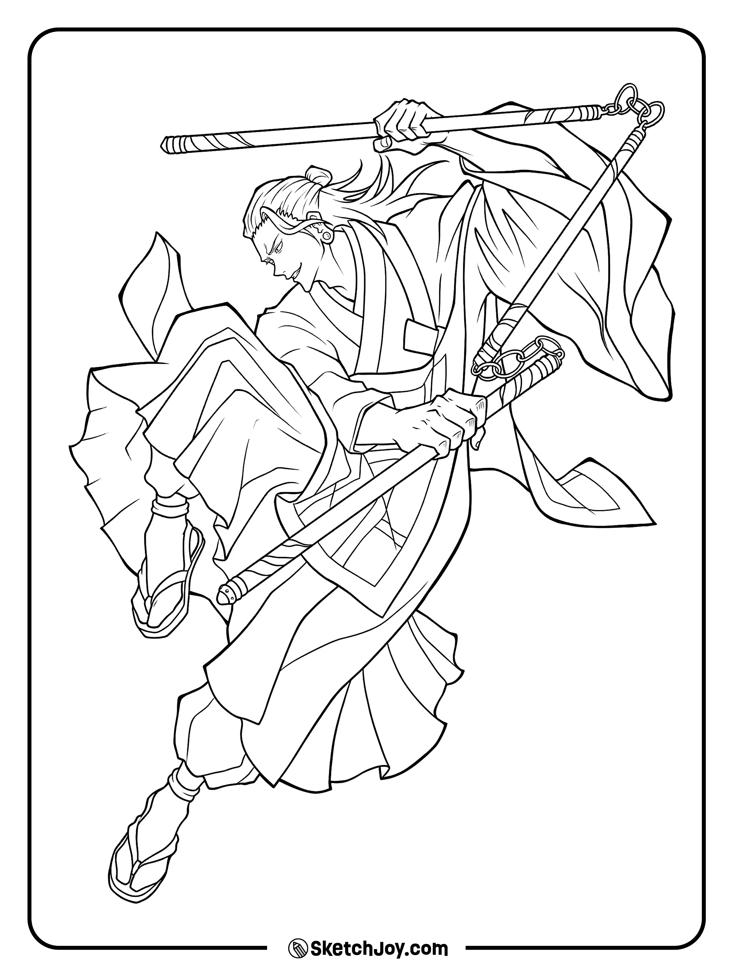 Geto leaps into battle while swinging his staff in a fast strike.