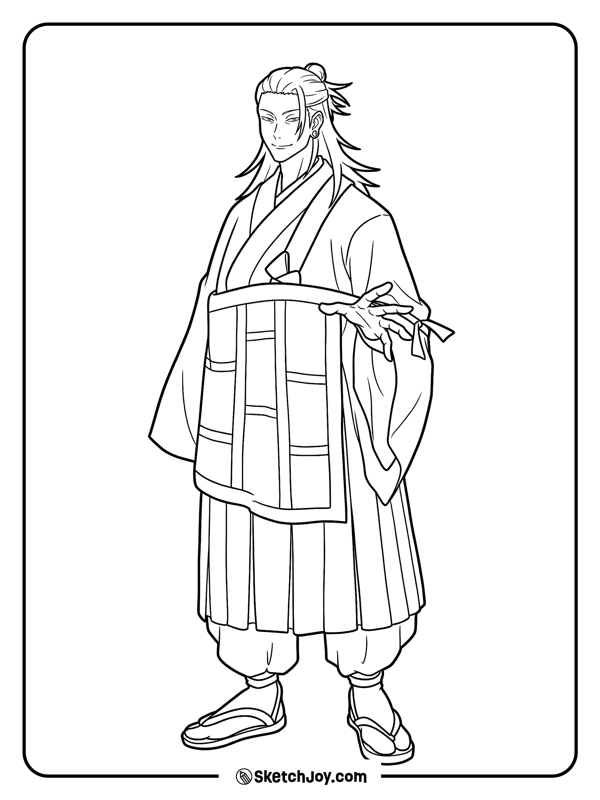 Geto stands in his robe with a calm smile and an open hand.