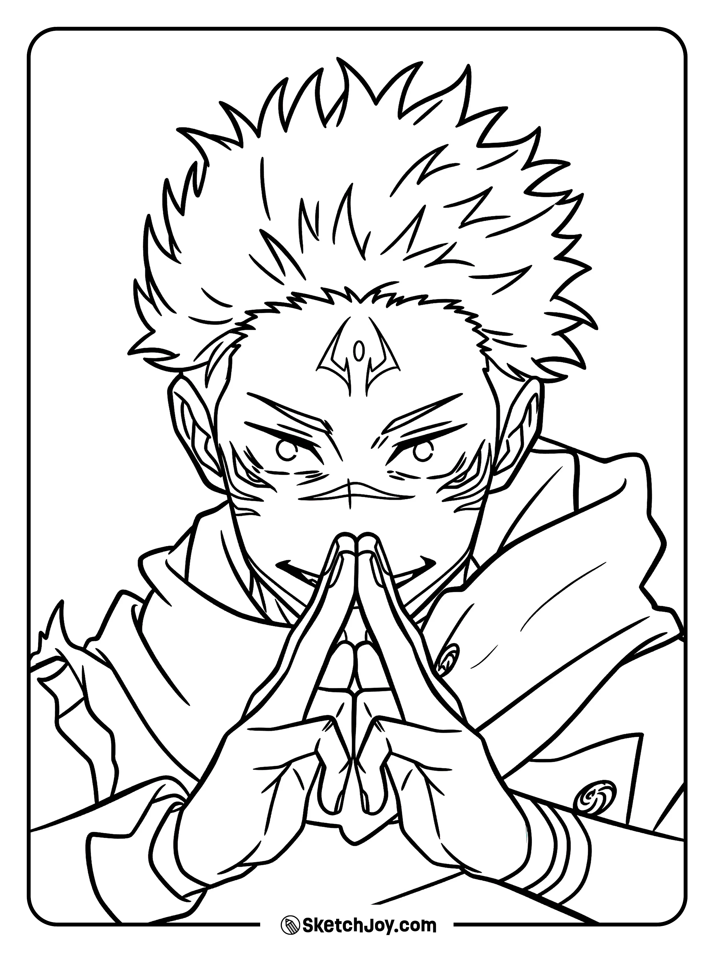 Sukuna smiles with a chilling look while pressing his fingers together.