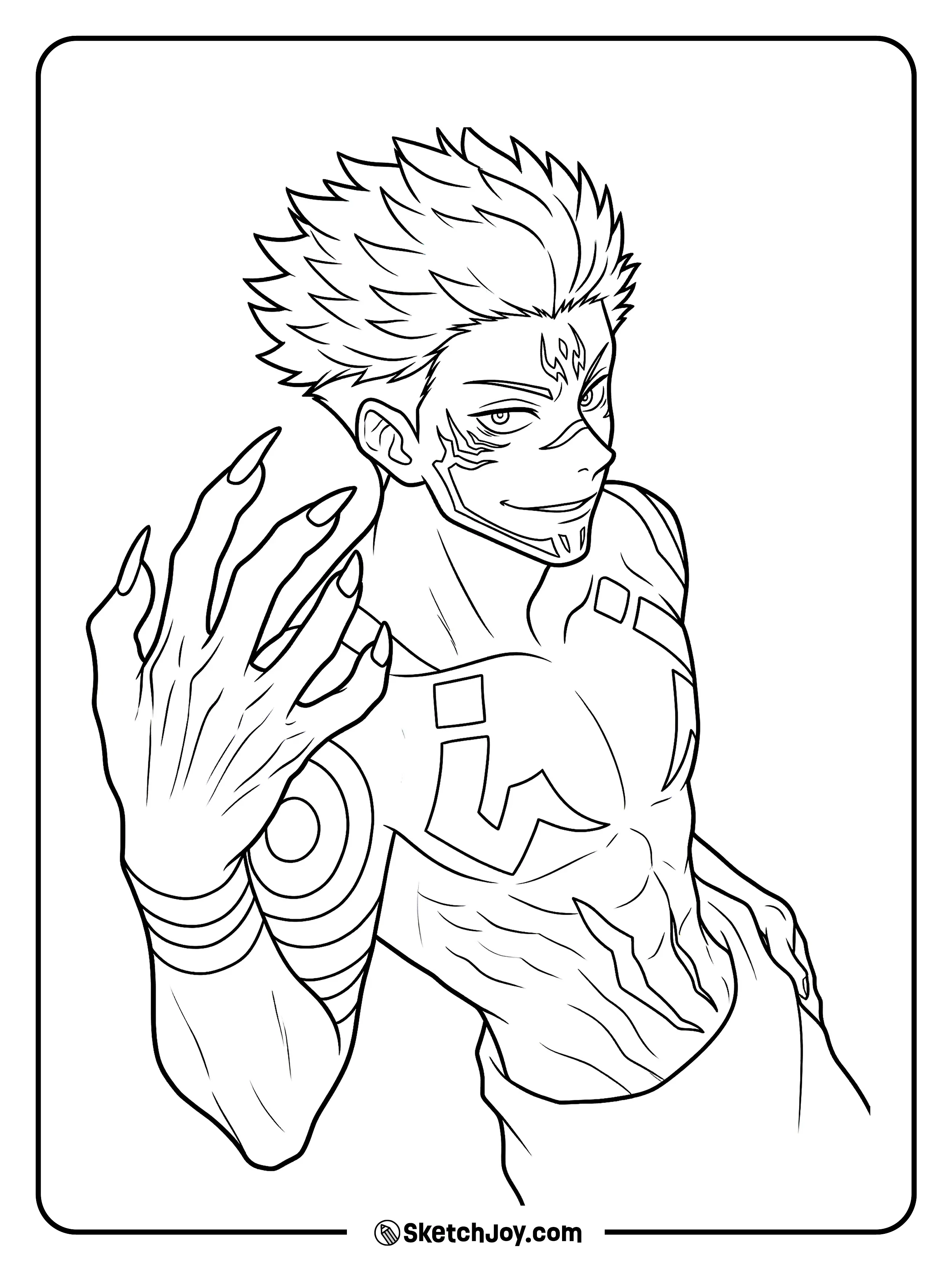 Sukuna turns back with a sharp grin and raises his clawed hand.