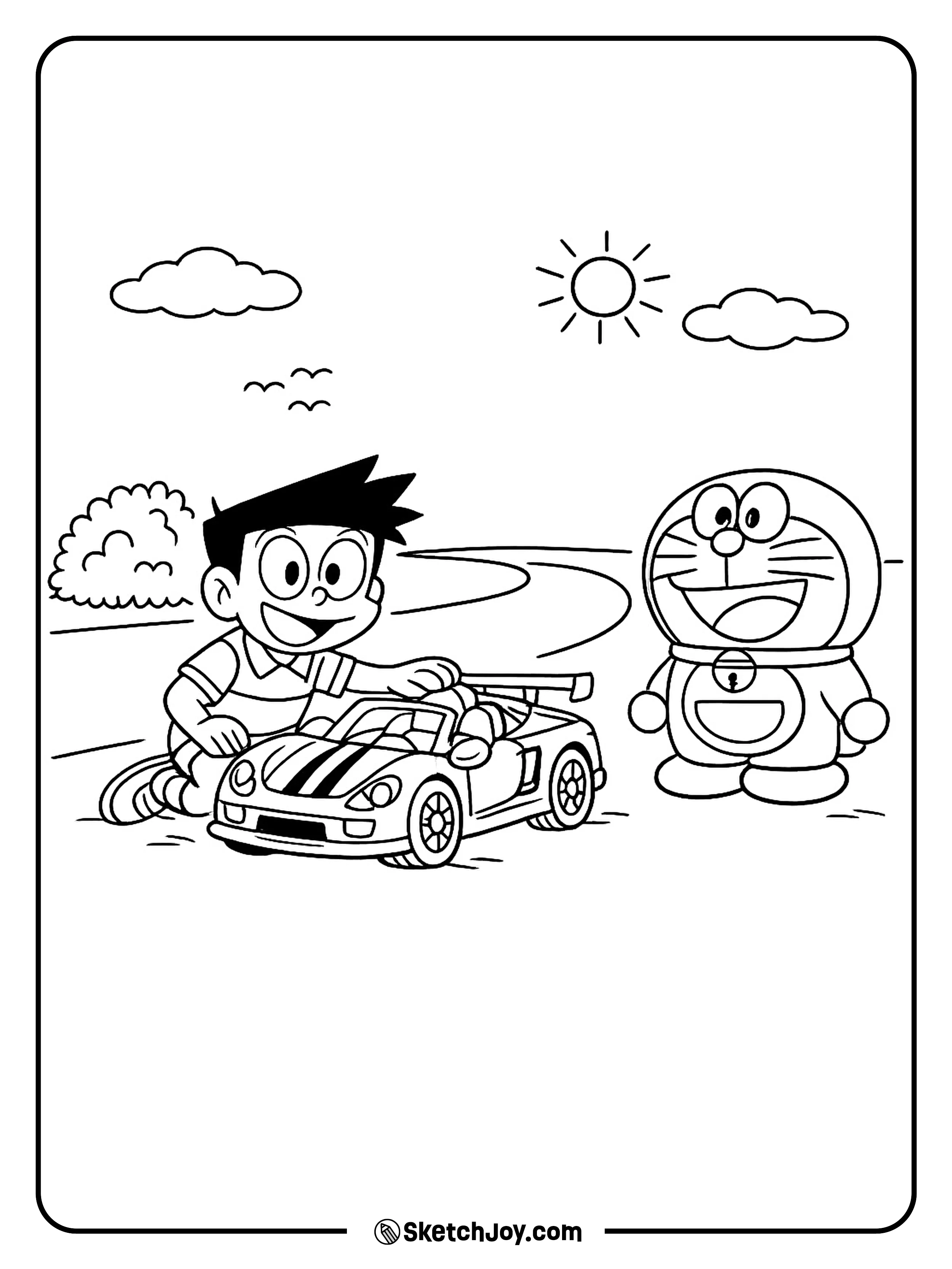 Suneo shows off a toy car while Doraemon watches the fun.
