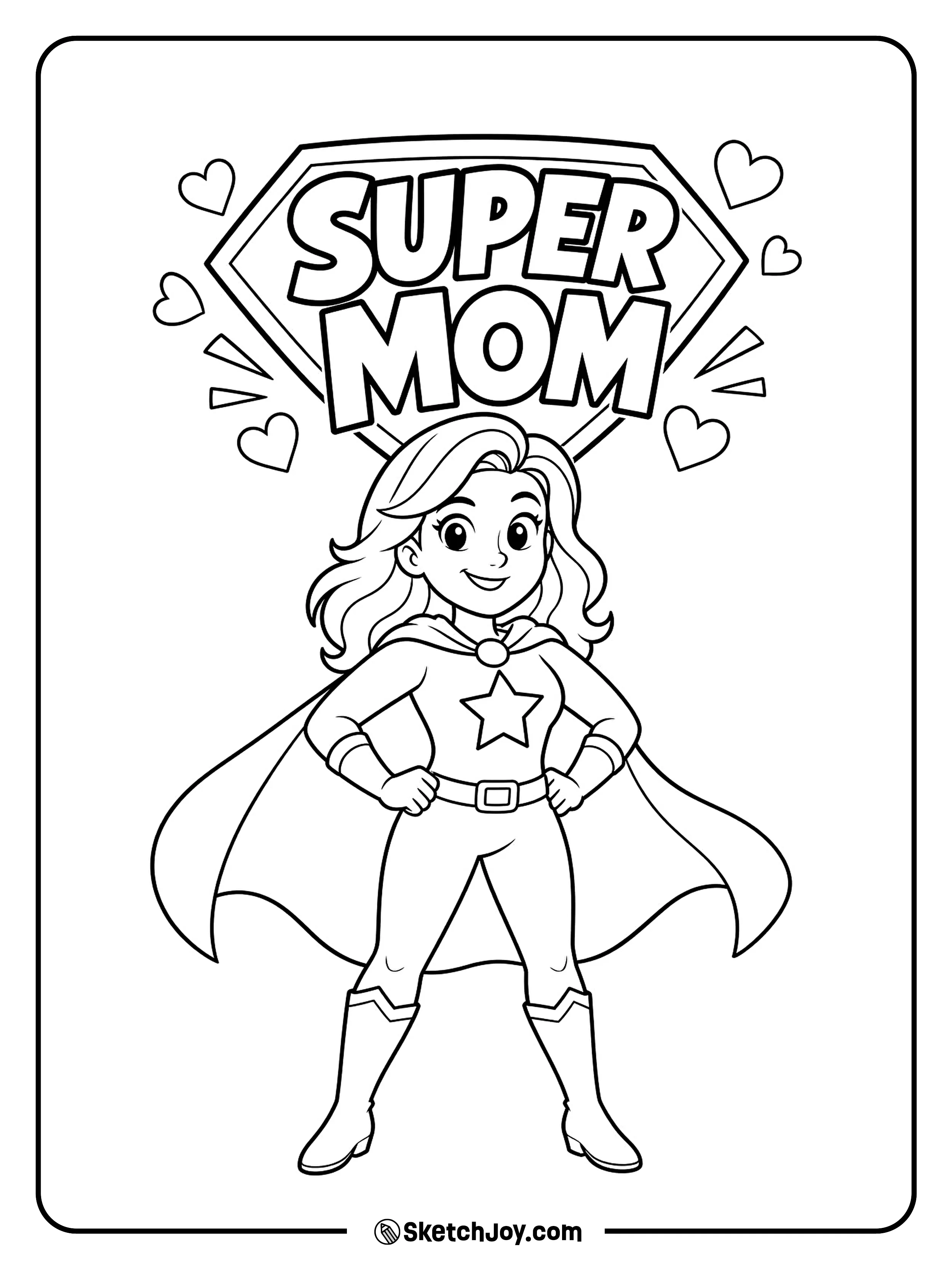 A proud superhero mom stands strong with a loving smile.