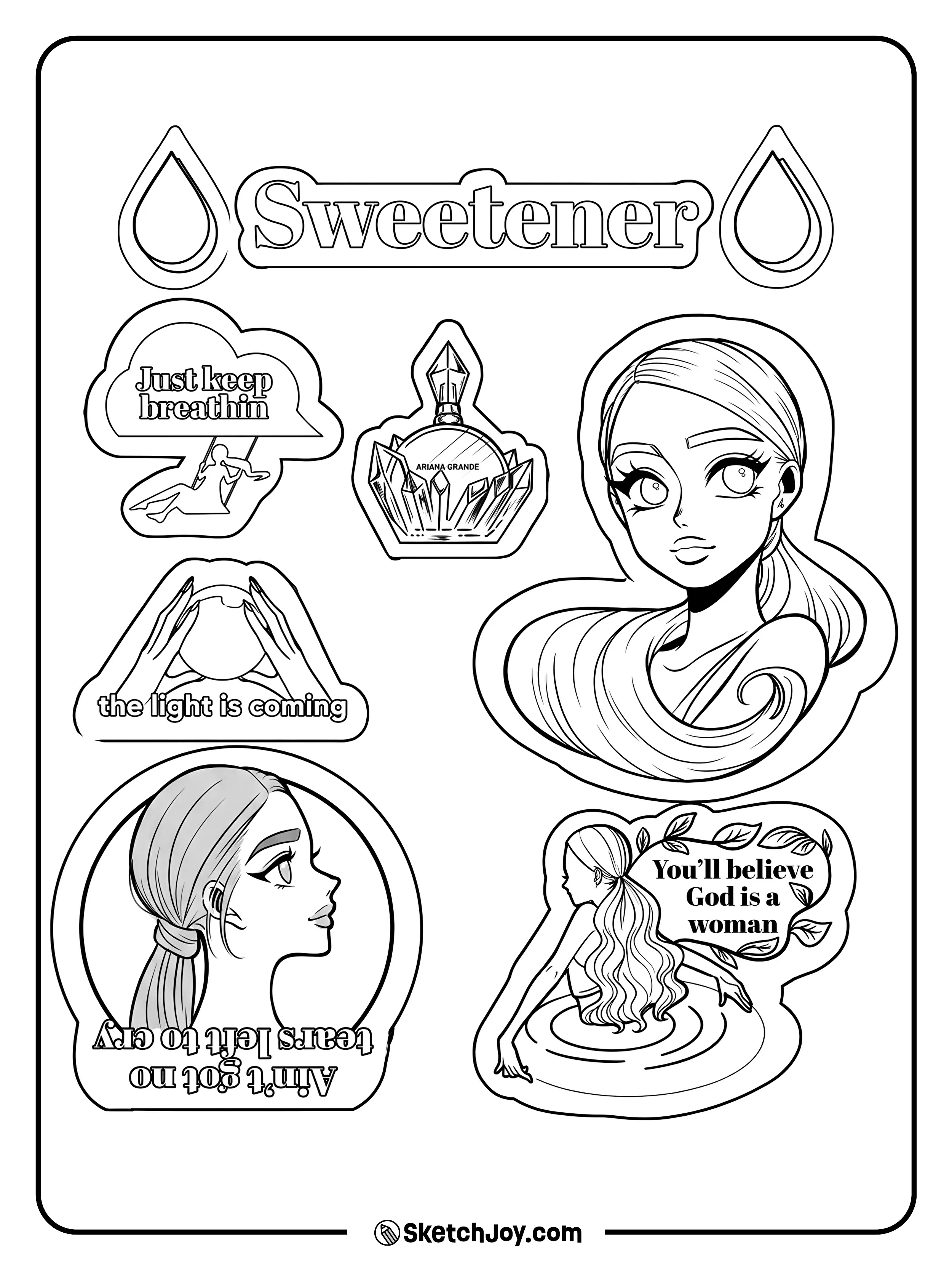 A playful sticker page with Sweetener-inspired art, words, and simple shapes.