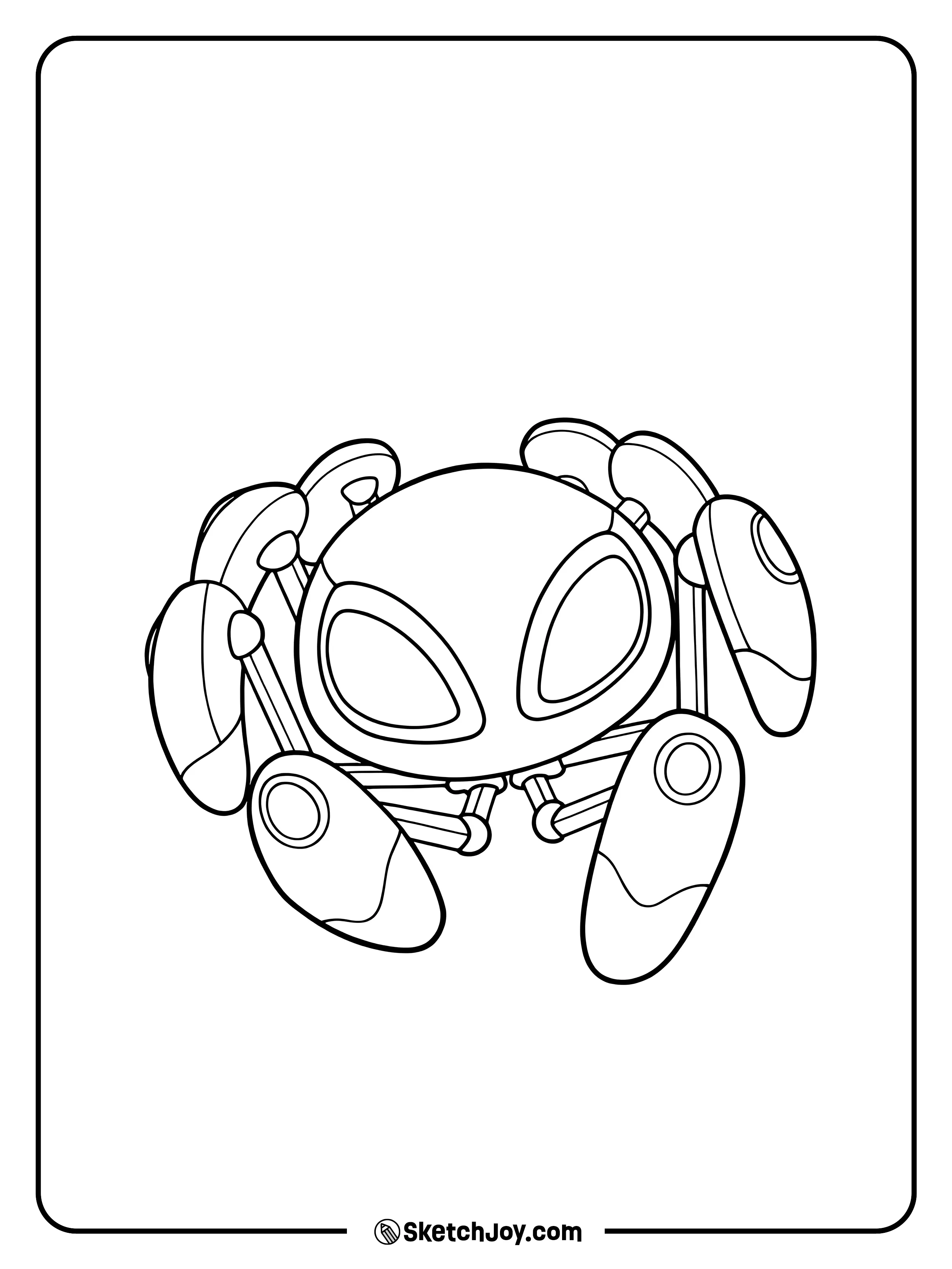 TRACE-E sits in a cute pose with its little robot legs tucked in.