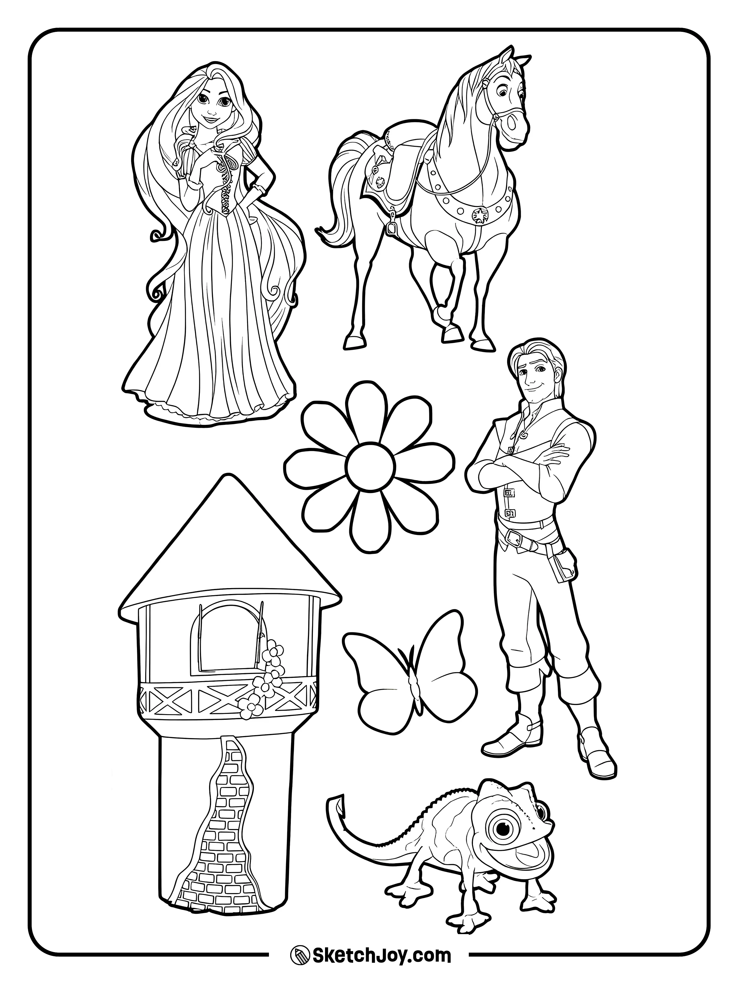 This fun set shows Rapunzel, Flynn, Maximus, Pascal, the tower, and simple story icons.