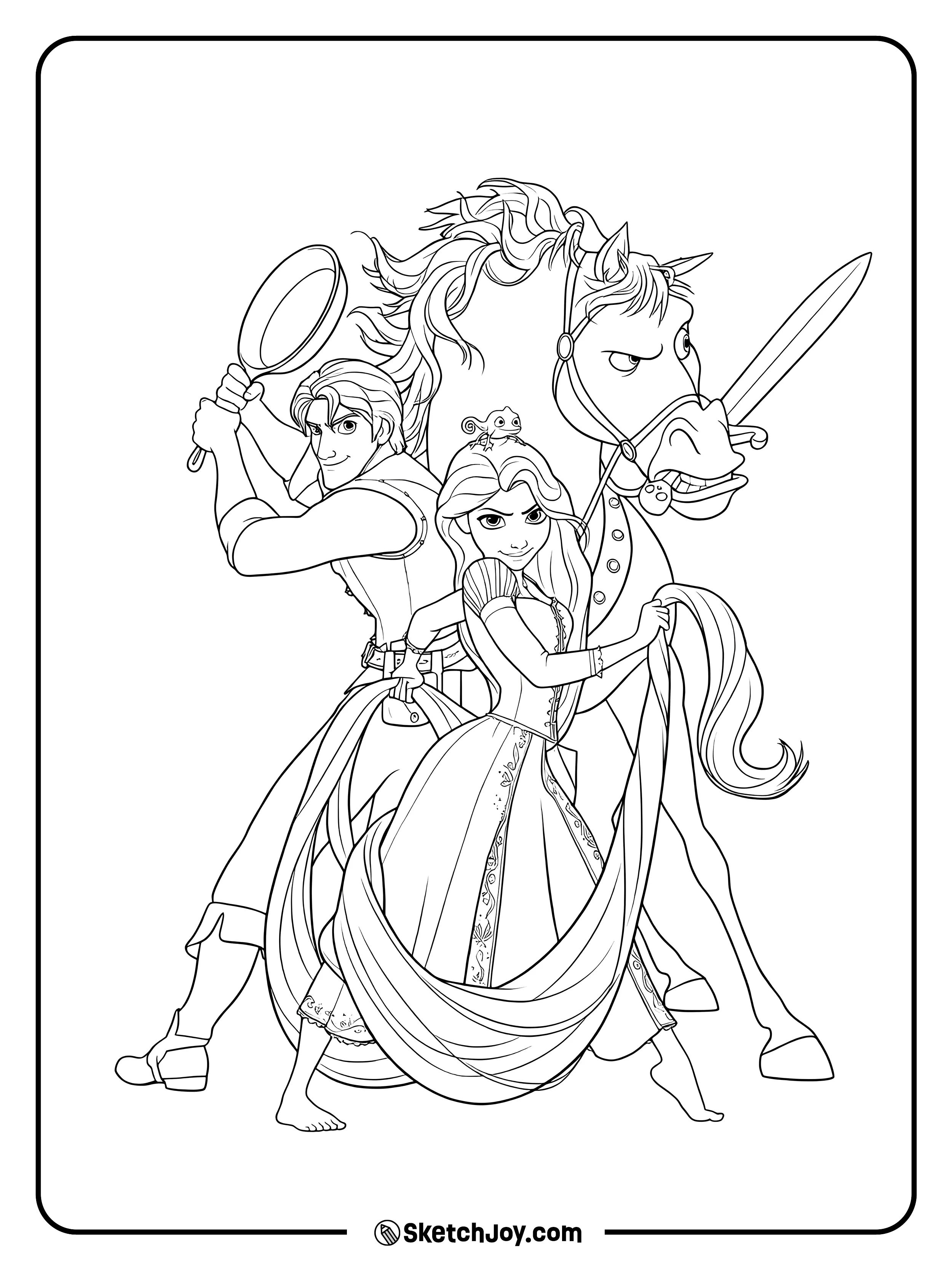 Rapunzel, Flynn, Pascal, and Maximus stand together in a bold action pose.