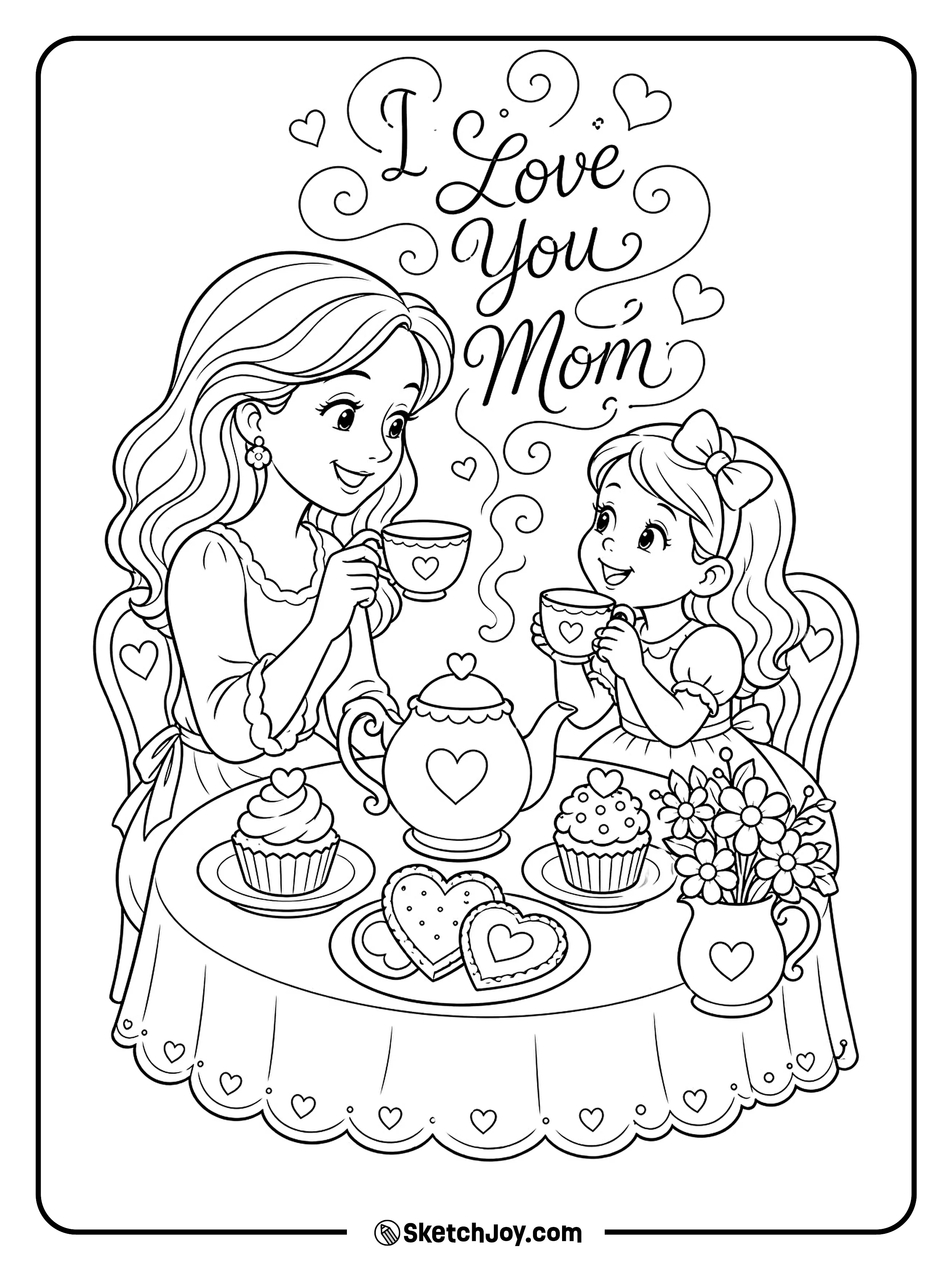 Mom and child share tea and cupcakes at a small table.