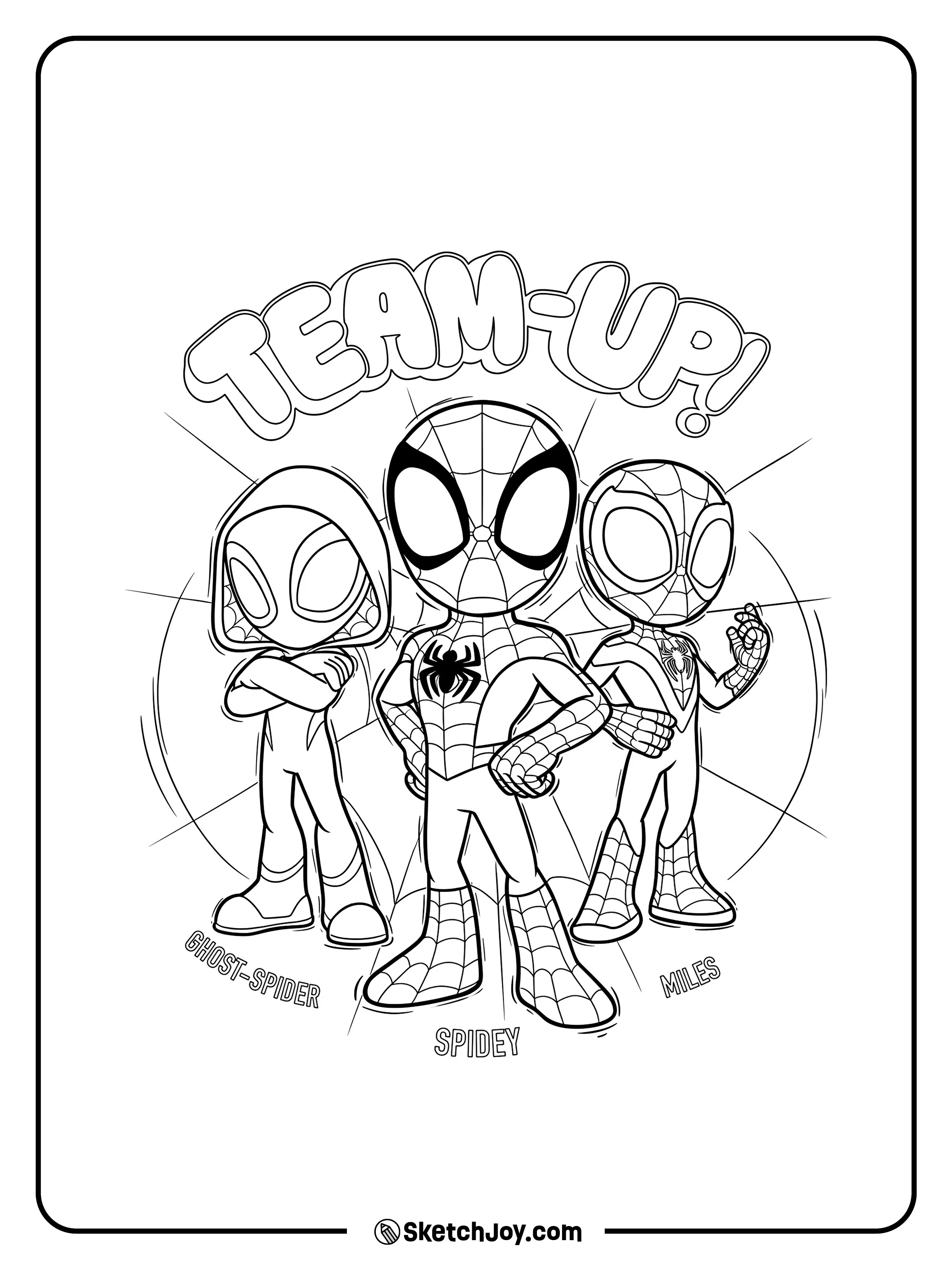 Ghost-Spider, Spidey, and Miles stand together in a strong team pose.