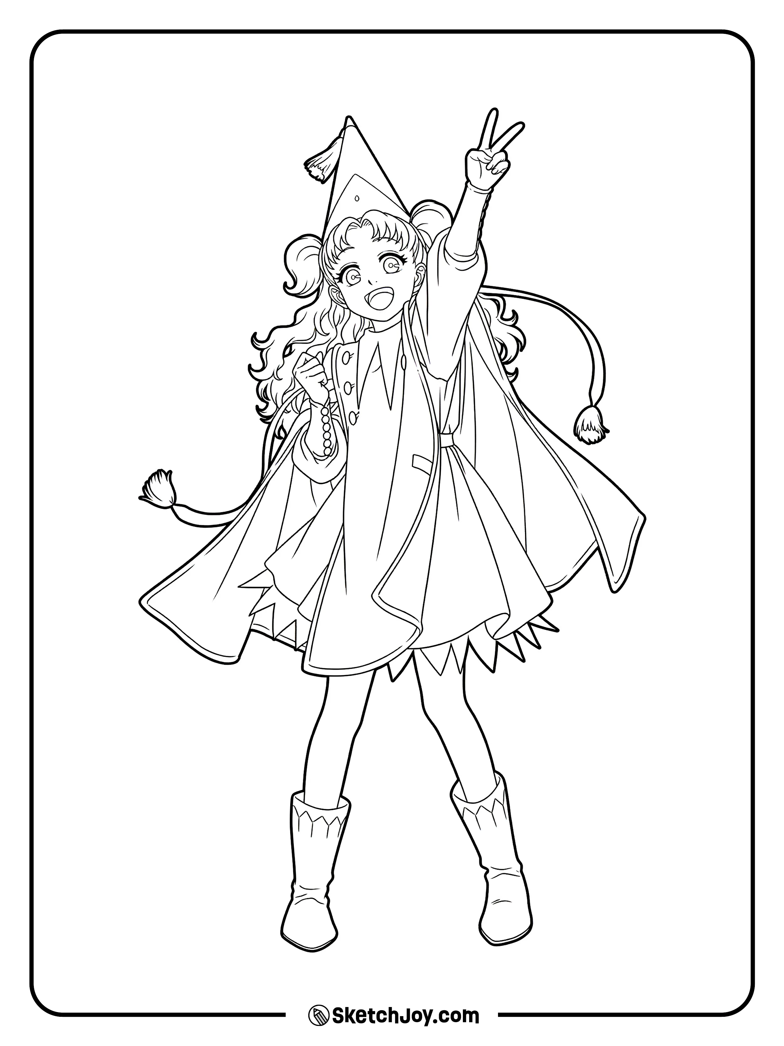 Tetia poses with a big smile and lifts a peace sign in her bright witch outfit.