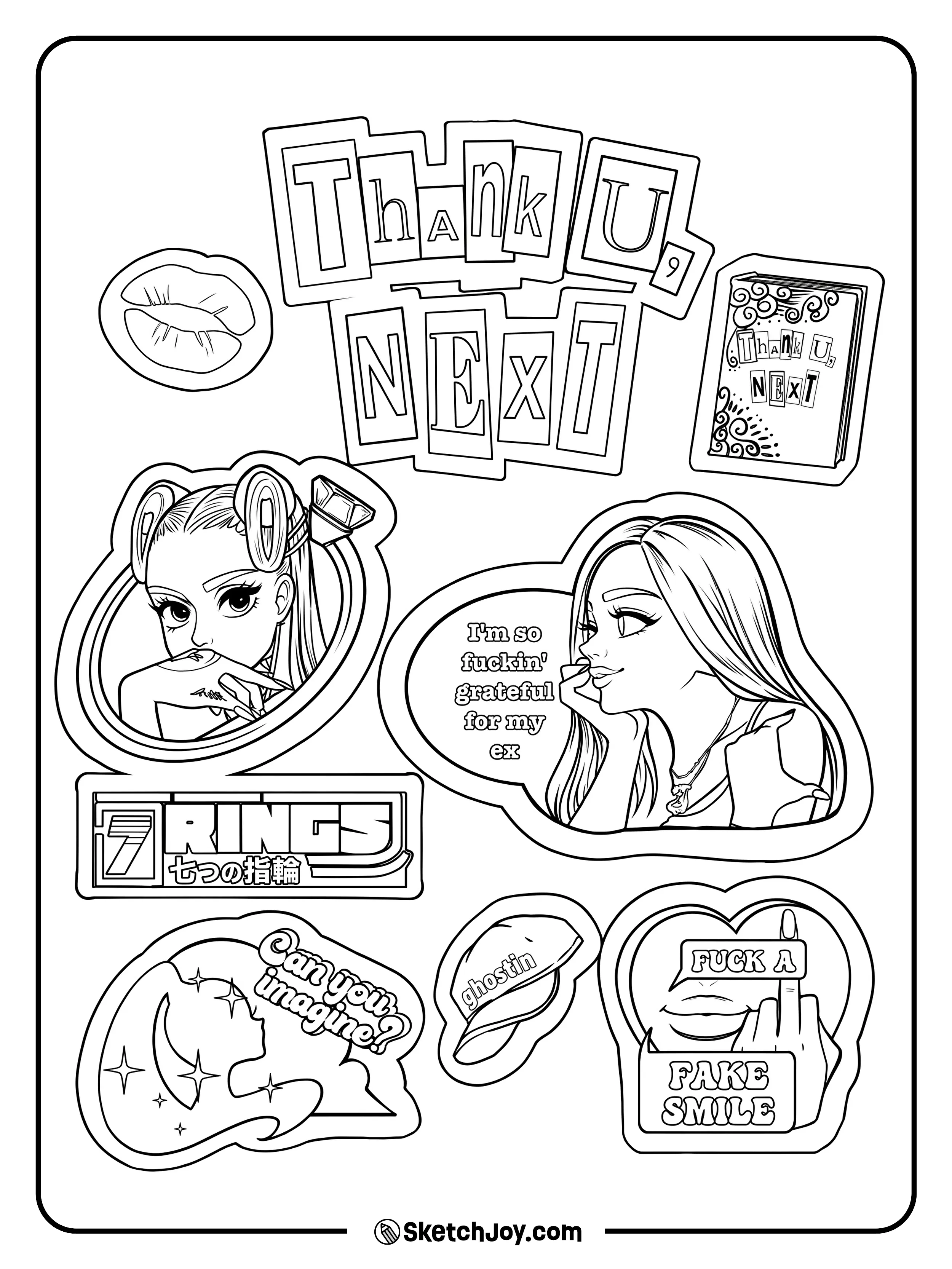 A fun sticker-style page with song words, icons, and cute mini portraits.