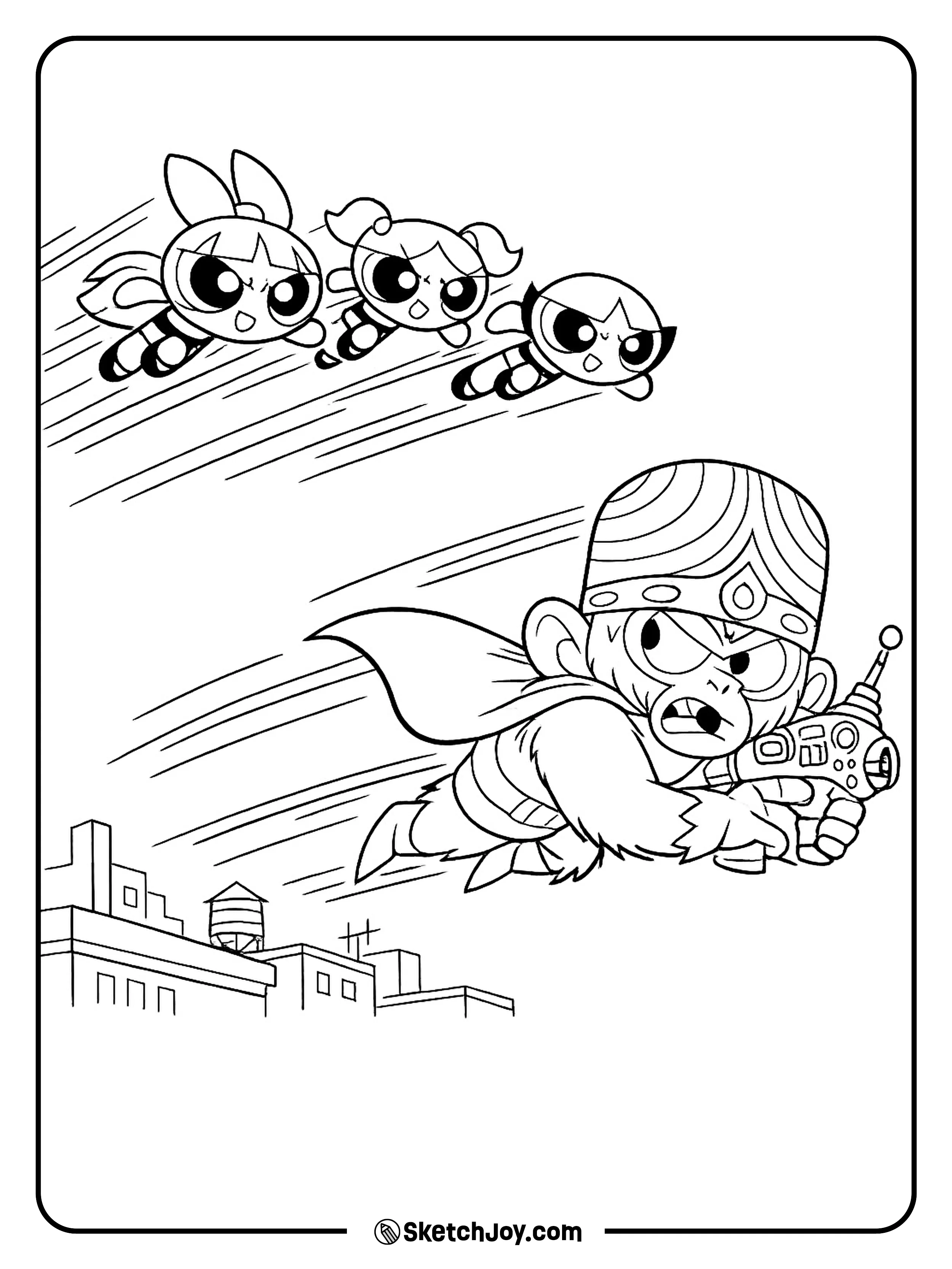 The team races after Mojo Jojo across the city sky.